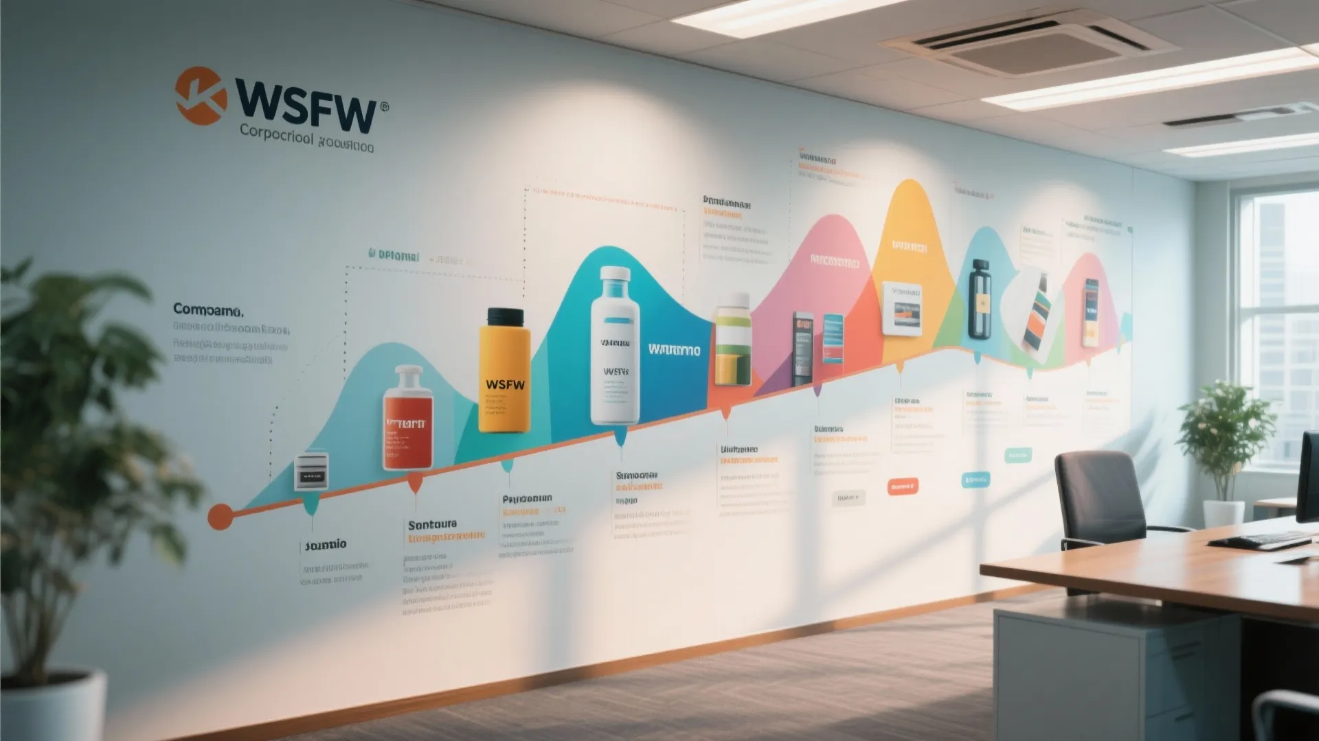 Office mural depicting a creative product journey timeline