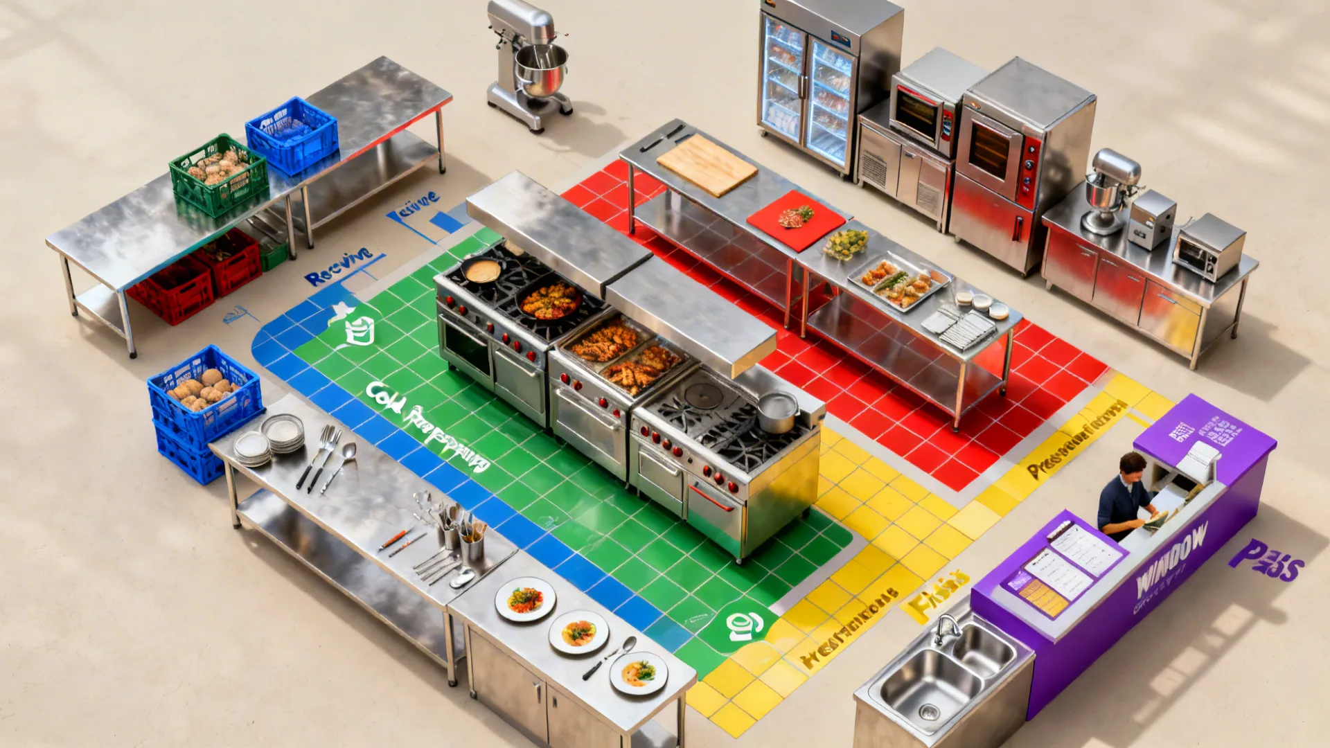 Top-down visual of modular zones forming a production line in a hotel kitchen