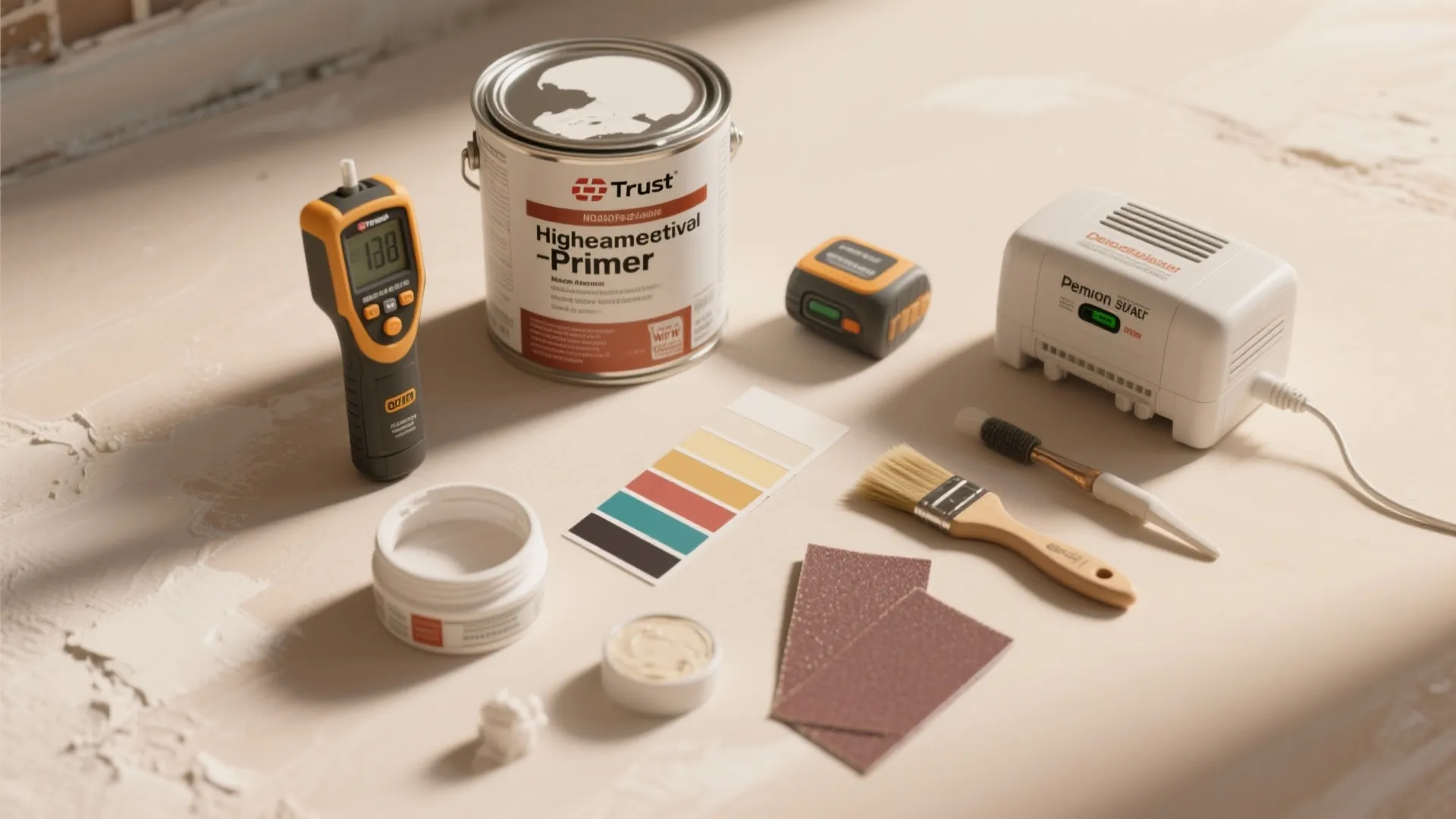 Home renovation tools including primer paint can paint brush color swatches sandpaper and digital measuring device