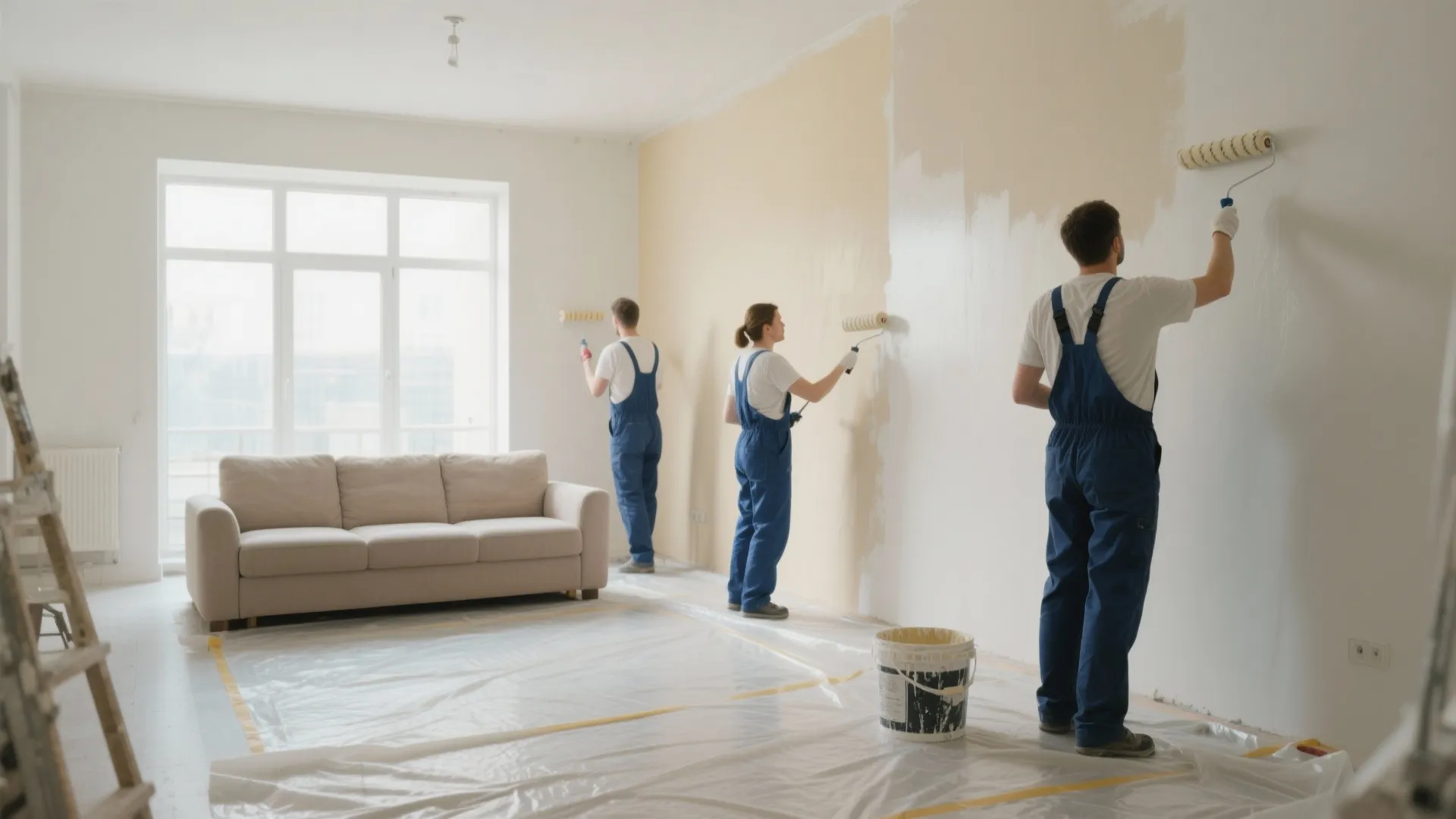 Three professional painters in blue overalls using paint rollers on a wall inside a house