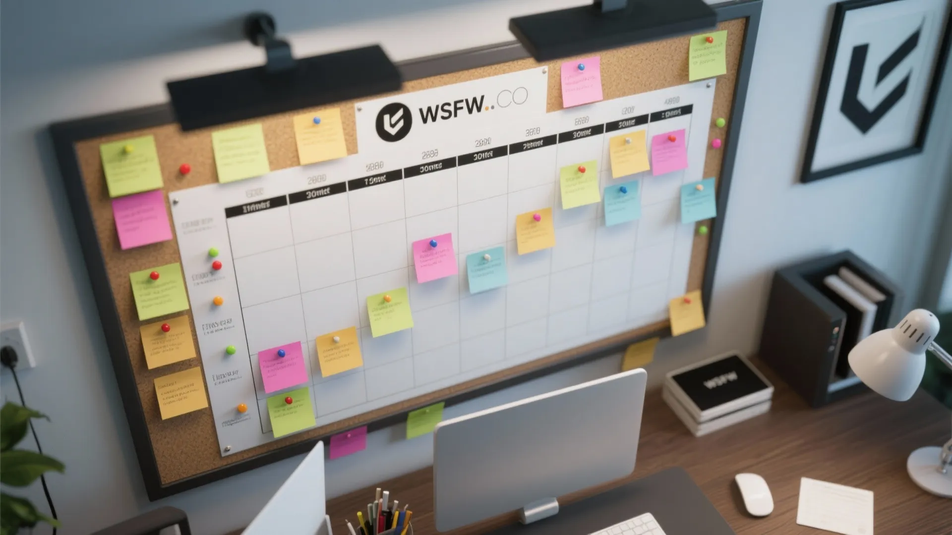 Office desk setup with computer and a large cork board showing colorful sticky notes progress