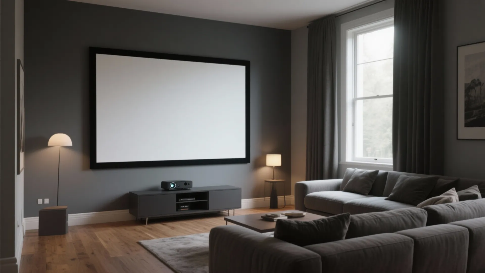 Modern dark grey living room with large movie screen projector screen grey sofa and wooden floor
