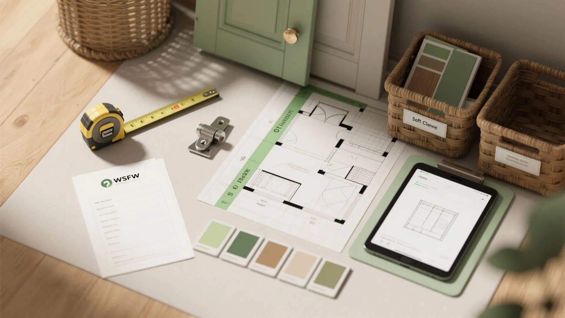 Interior design planning desk with floor plan paper color swatches tape measure and tablet screen