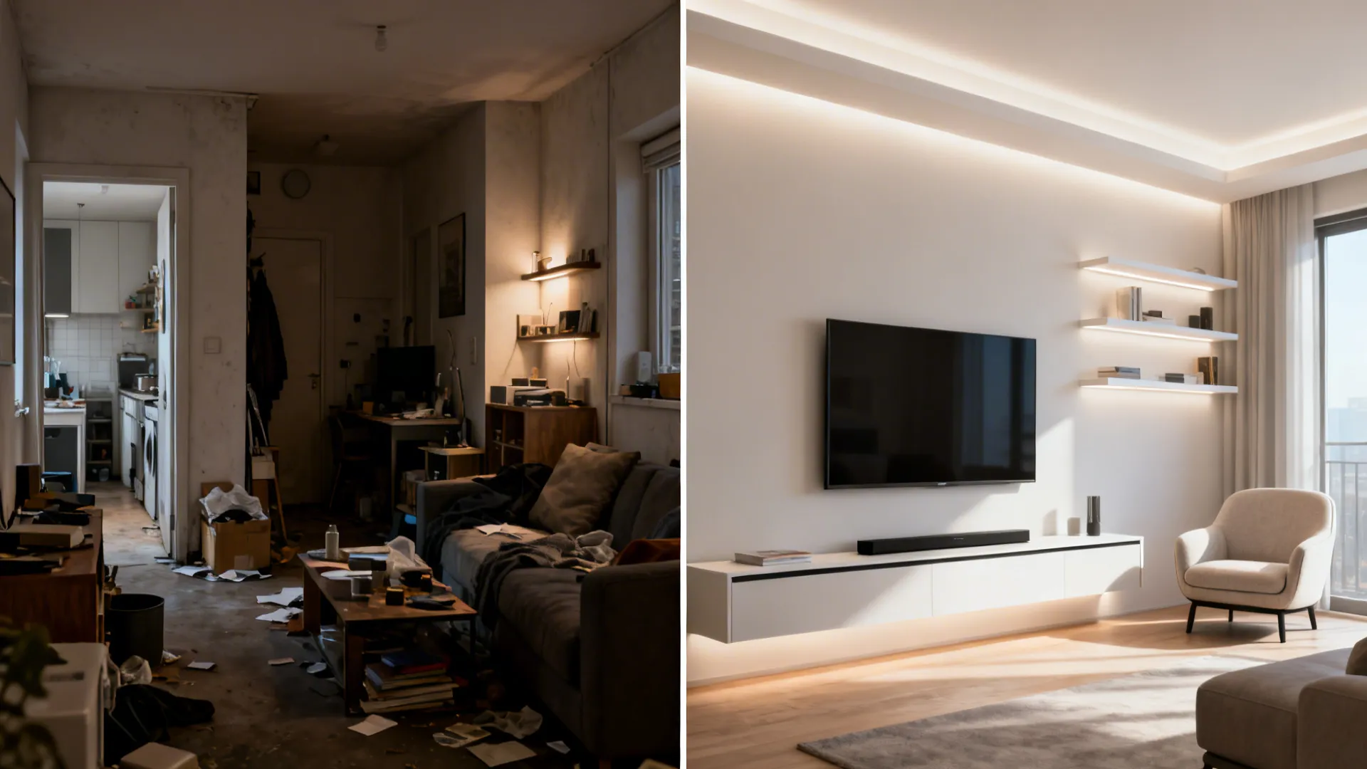 Before-and-after small apartment living room showing decluttered design with floating shelves and slim console