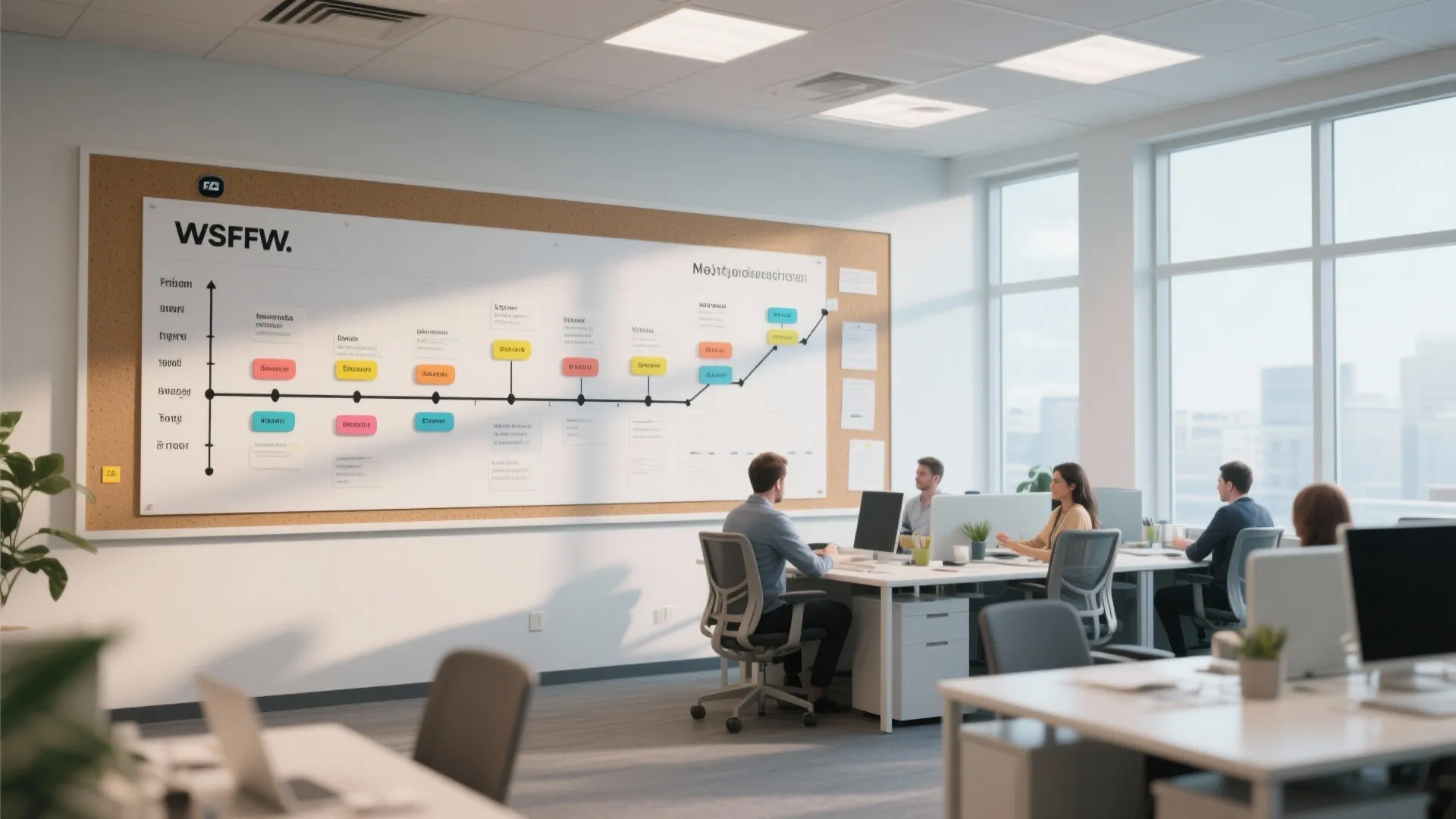 Modern open office space with large timeline board on wall and people working at desks