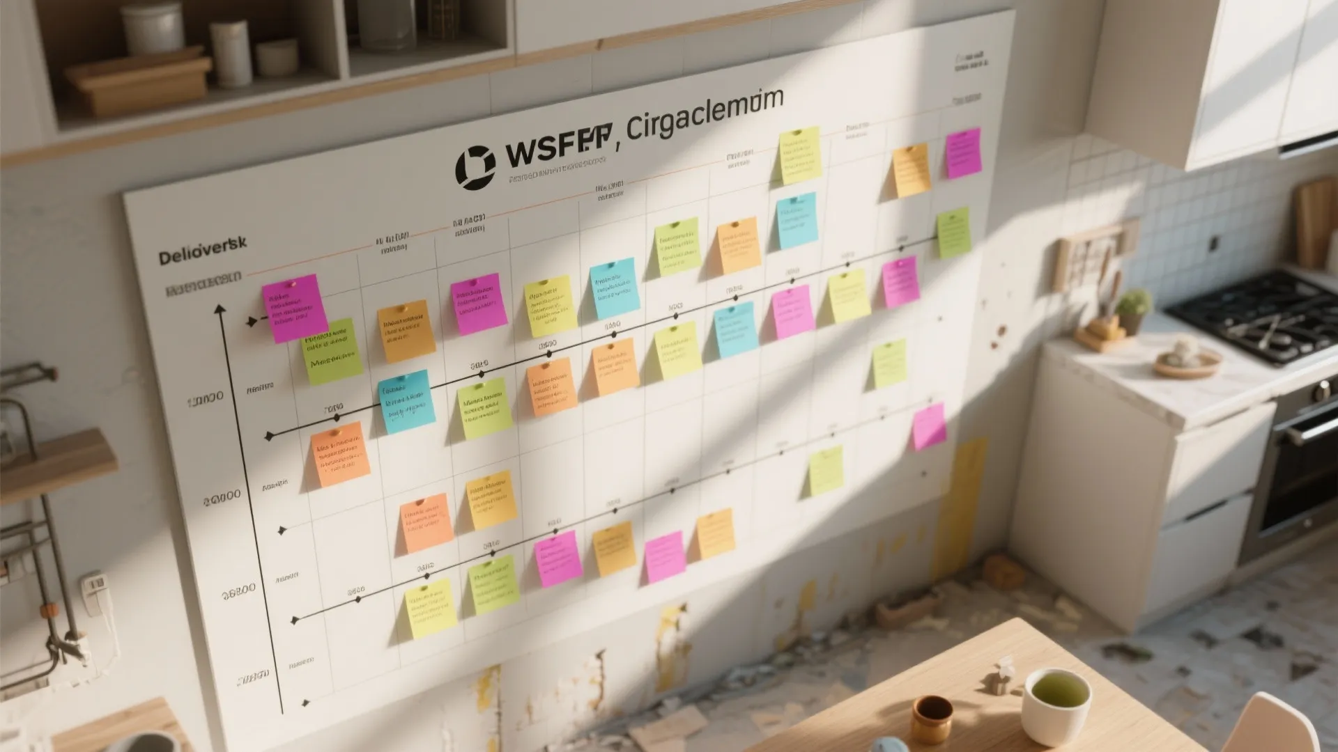 Large wall chart with colorful sticky notes organized by date in a bright modern kitchen area