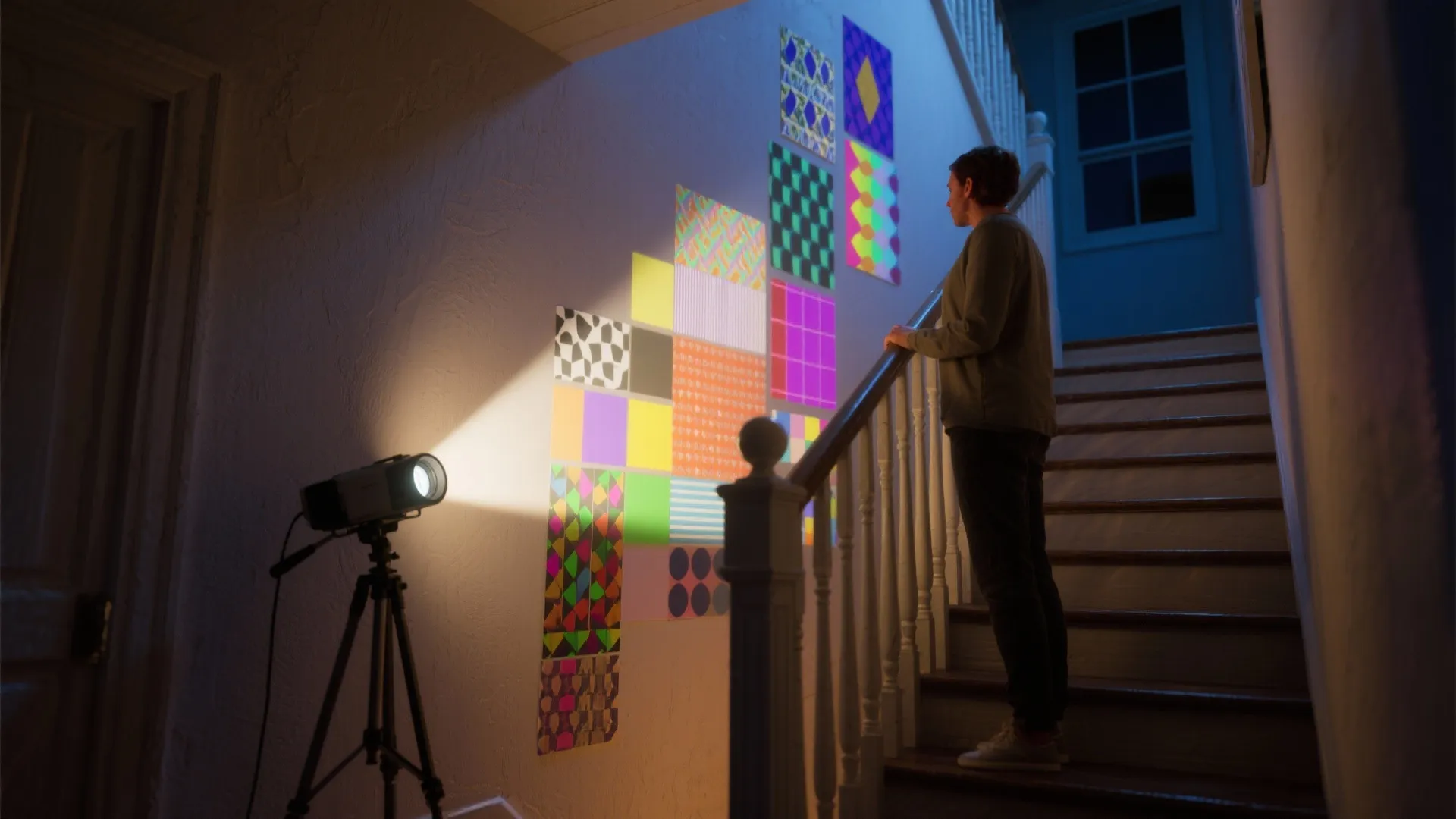 Projector casting color mockups and patterns onto a tall stairwell wall while a person observes from the landing