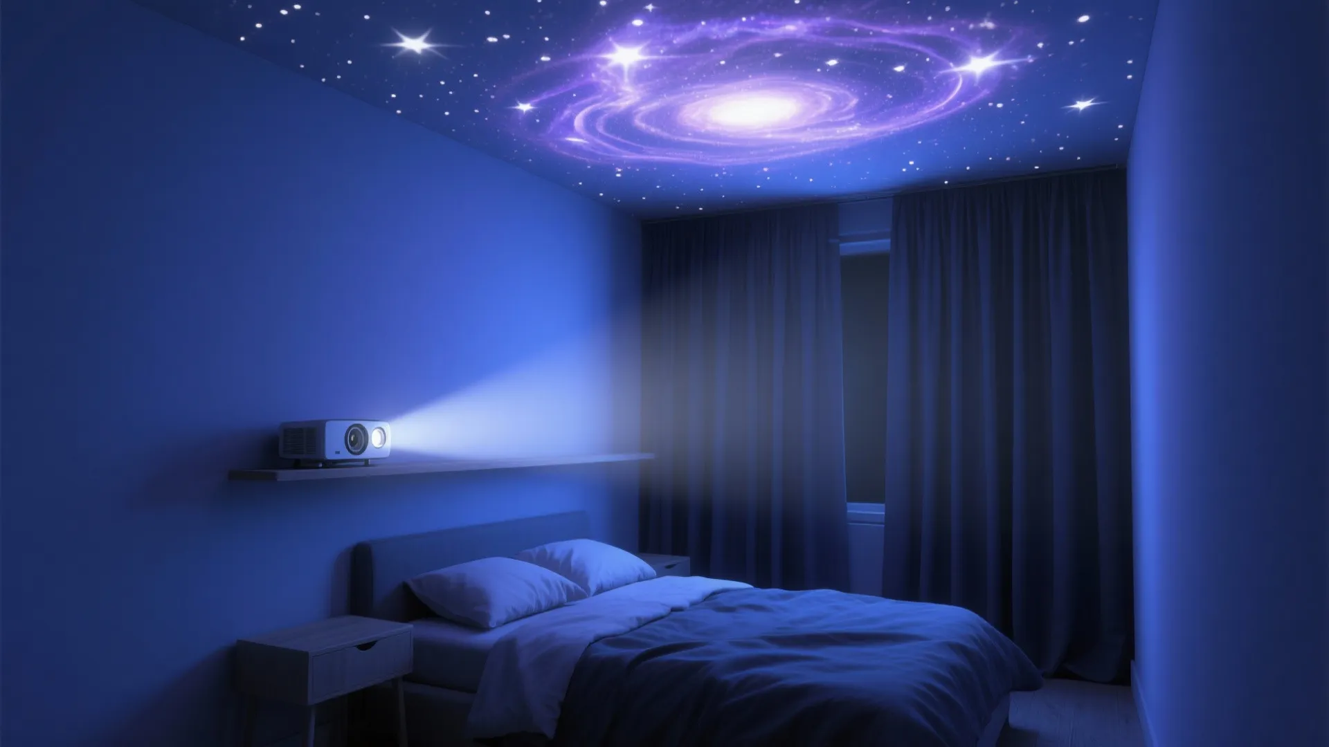 Small projector on shelf creating a purple galaxy light effect on a dark bedroom ceiling