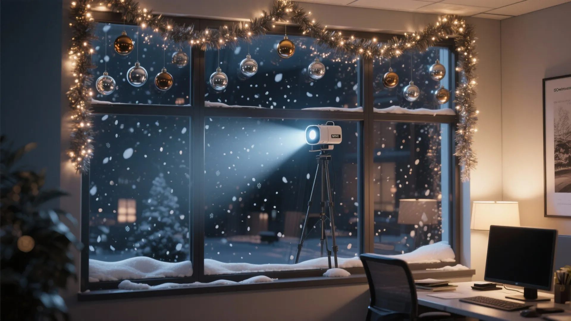 Office window with christmas decorations and a projector showing falling snow on glass at night time