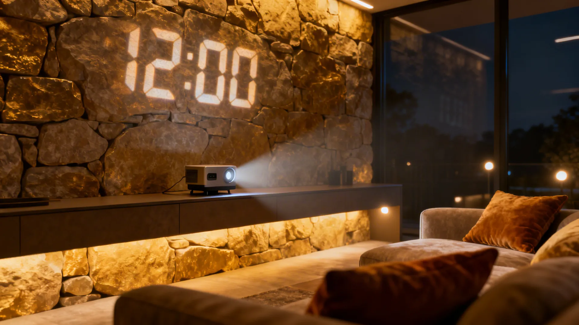 Projection clock casting soft numeric time onto a textured stone wall in a cozy living room at night.