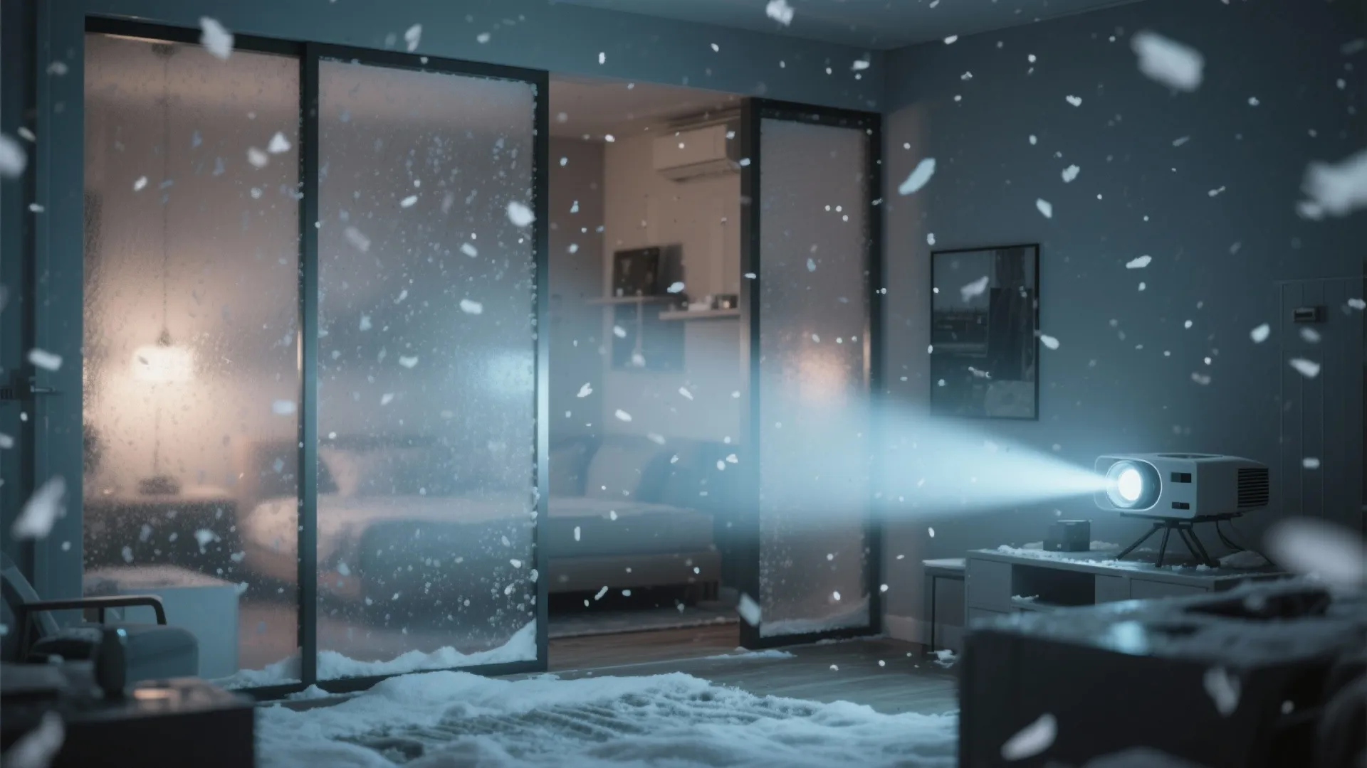 Small white digital projector shining a light beam through glass doors in a snowy room