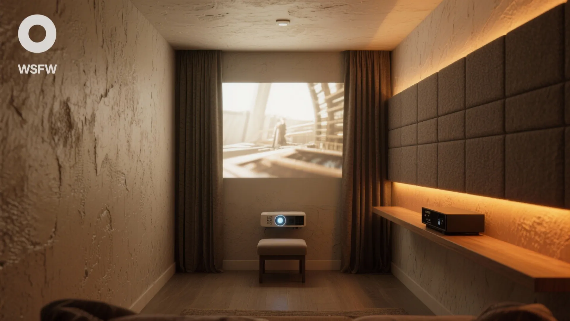 Small home cinema room with wall panels projector on small footrest and wood shelf with light
