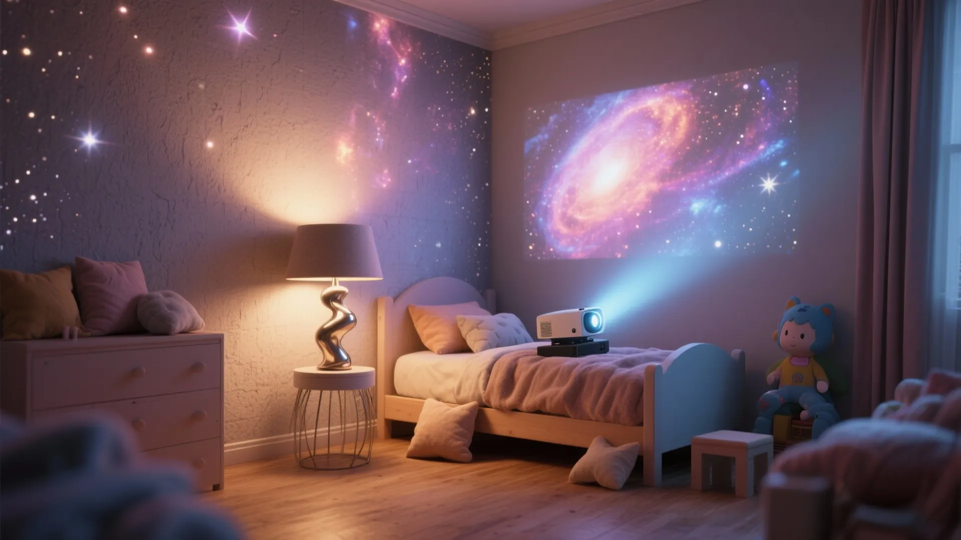 Kids bedroom with a projector displaying a galaxy on the wall next to a bed