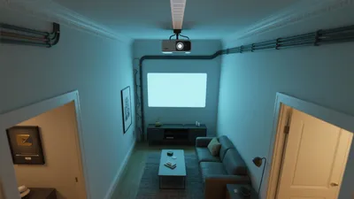 Industrial Style Home Theater with Ceiling Projector