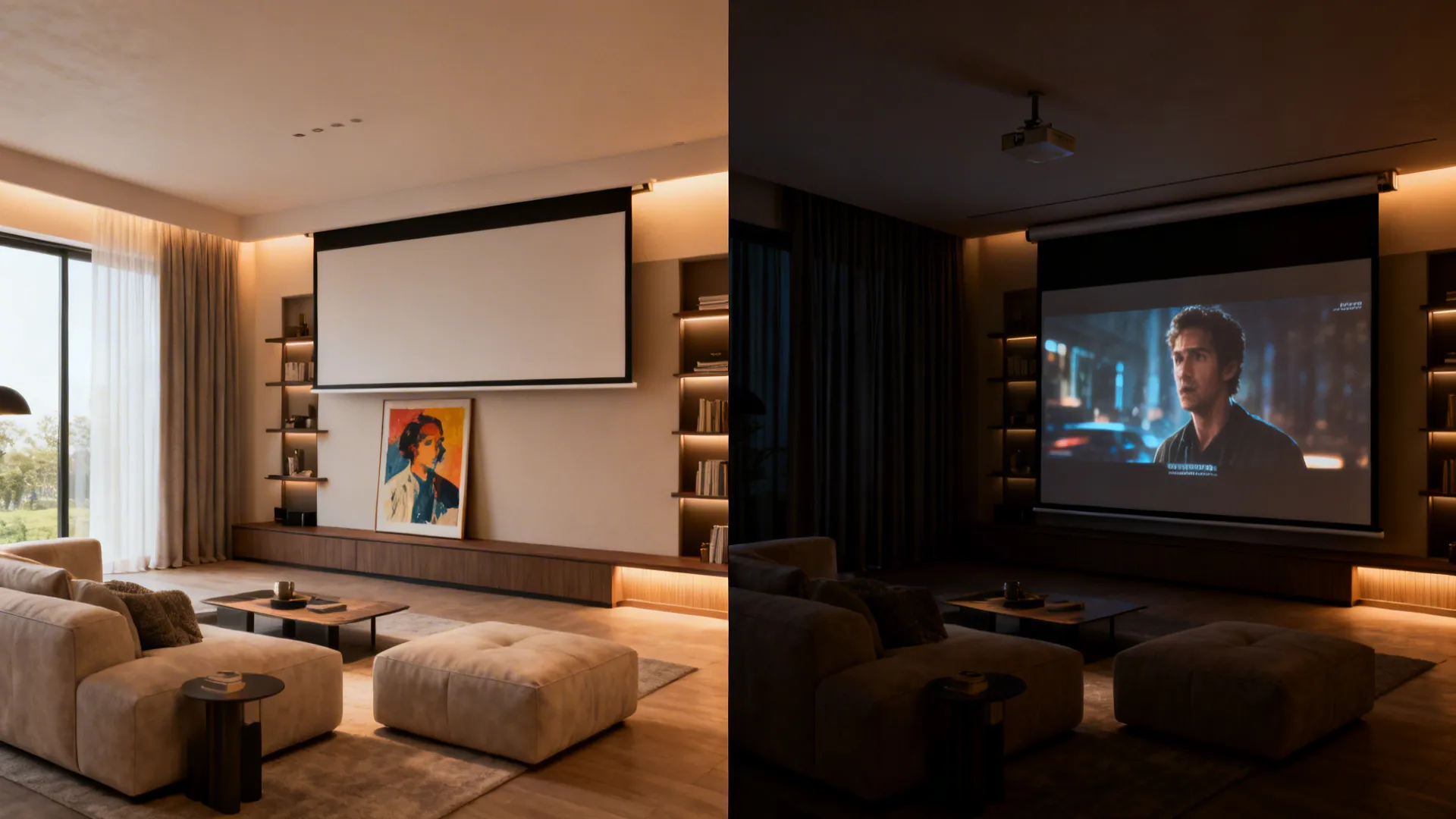 Comparison of a living room with screen hidden by day and rolled down for movie night.