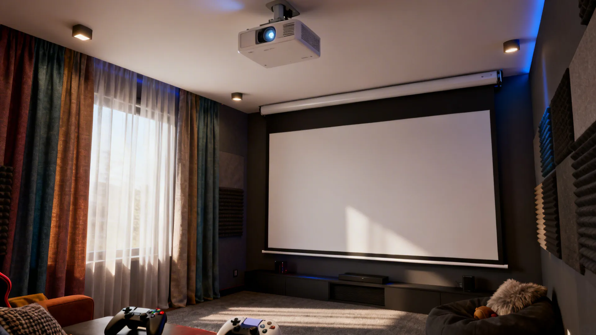 Modern home cinema room with large projector screen ceiling light dark walls and long blue curtains