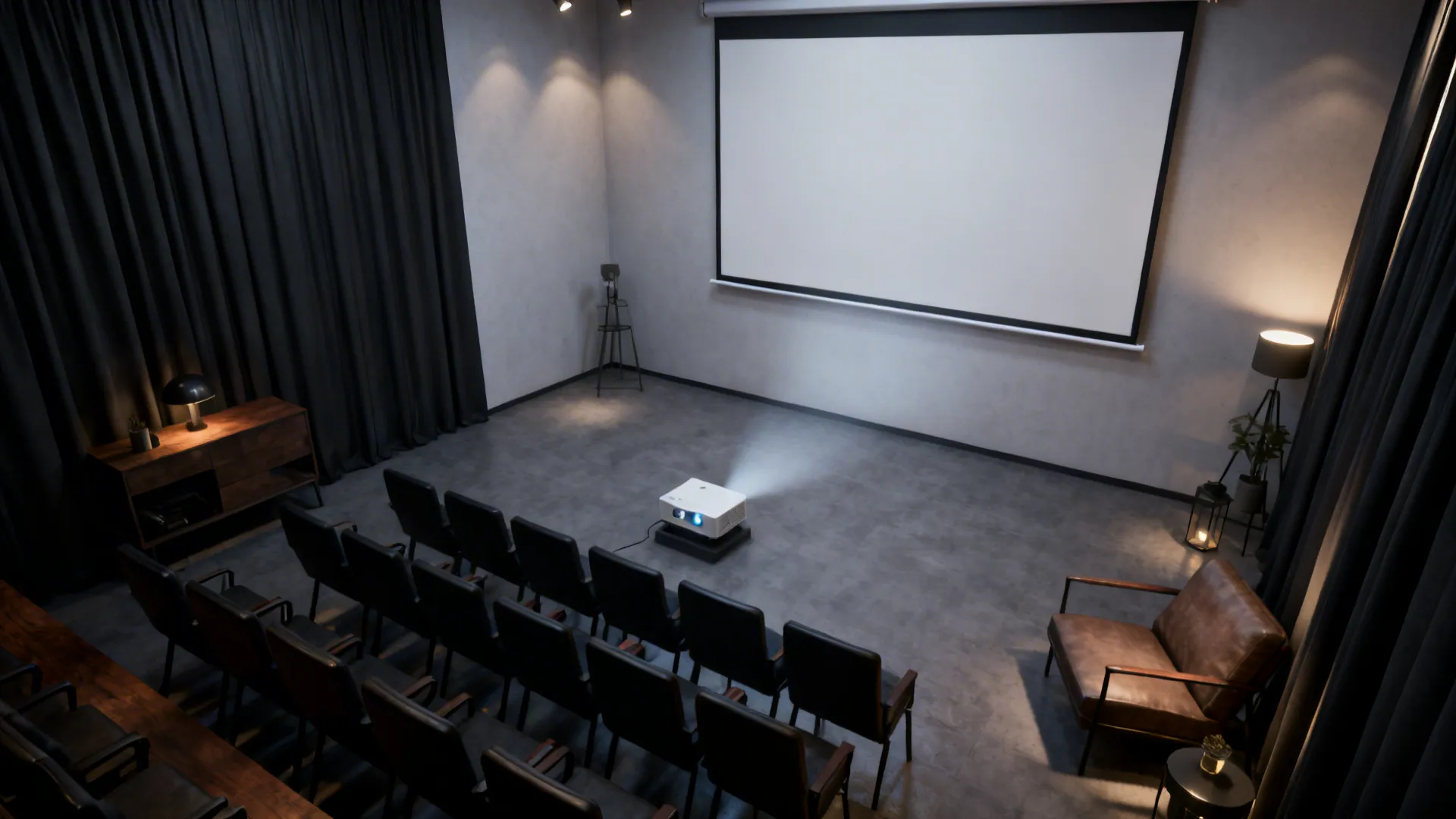 Top-down mockup of projector placement and retractable screen in a small studio layout.