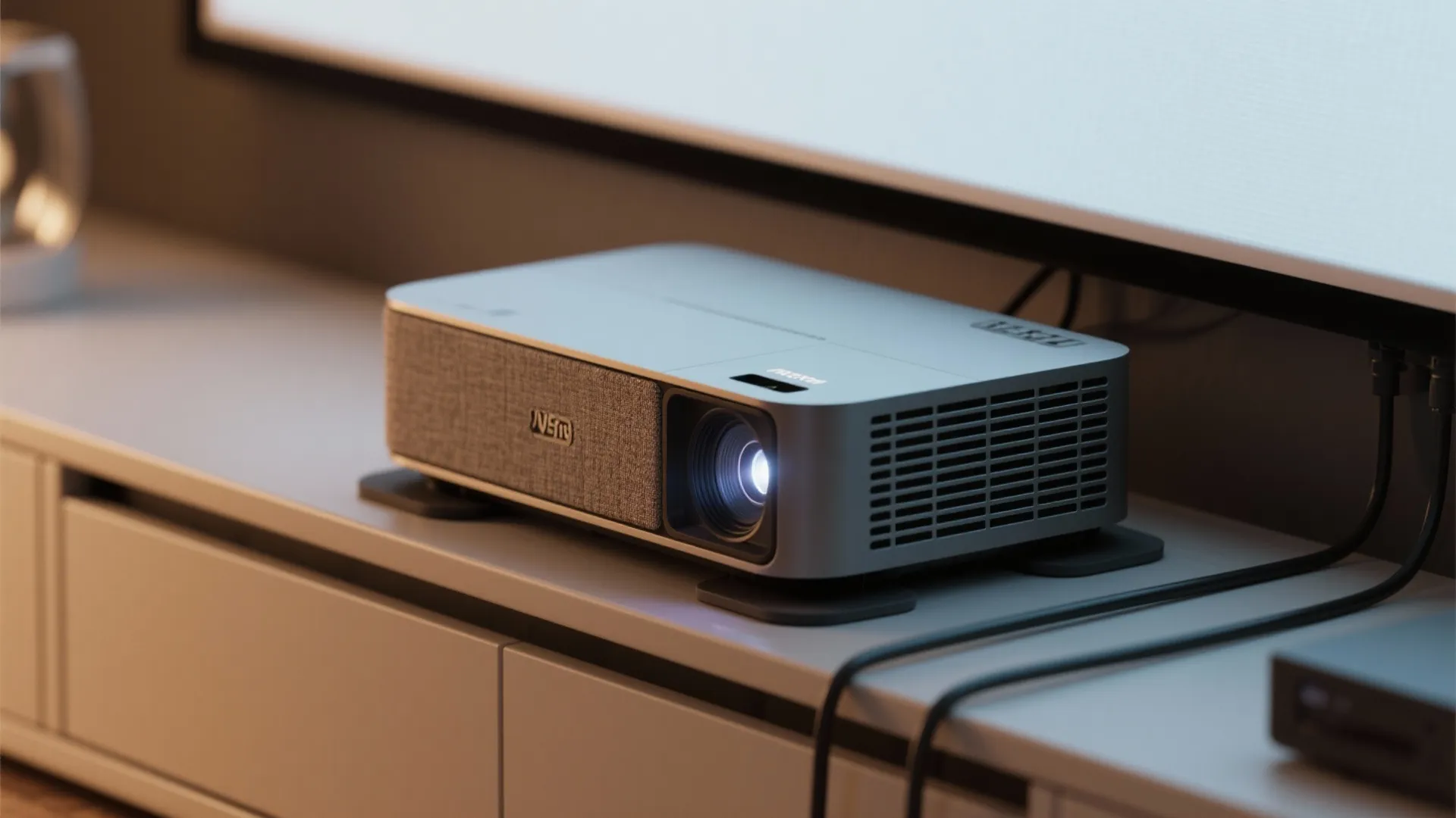 Macro of short-throw projector on isolation pads with a fabric-front soundbar and tidy cables.