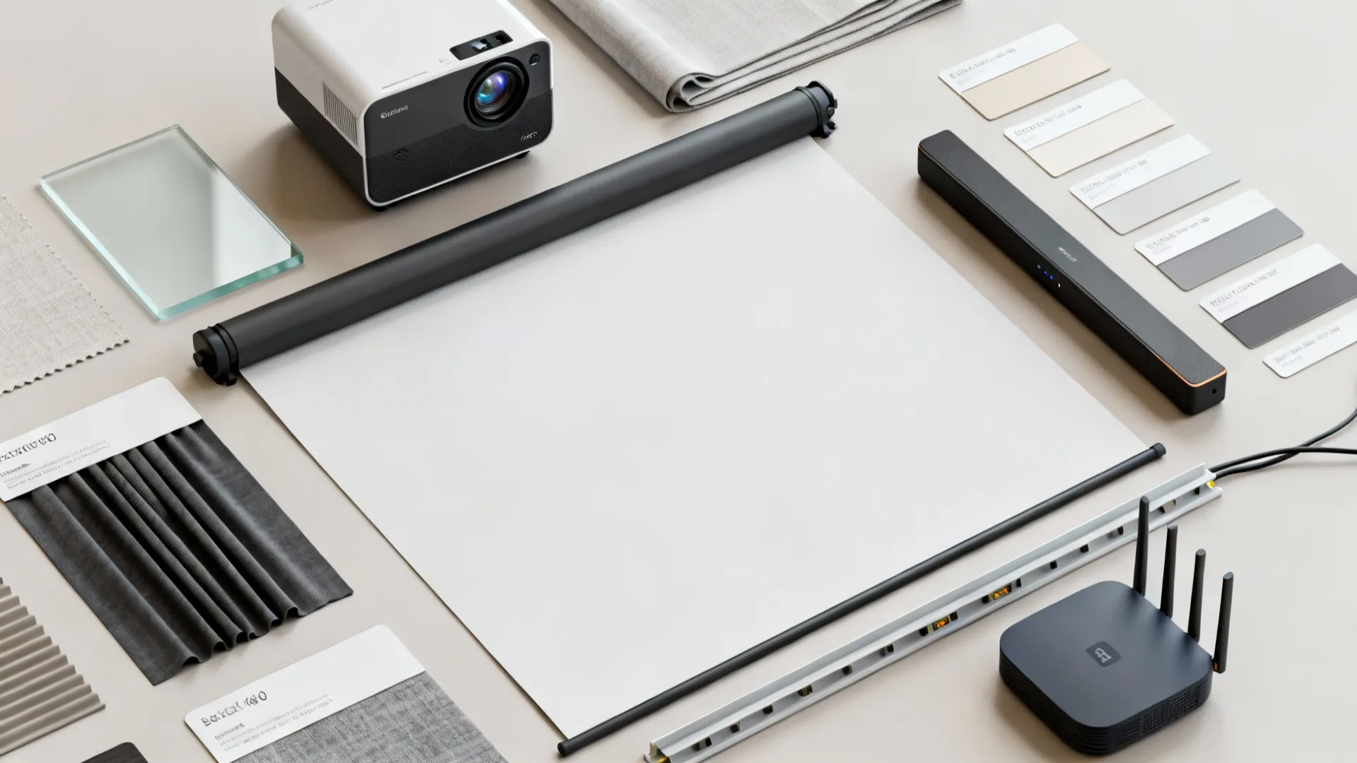 Flatlay of projector samples, screen swatches, blackout fabric, and cable raceway samples