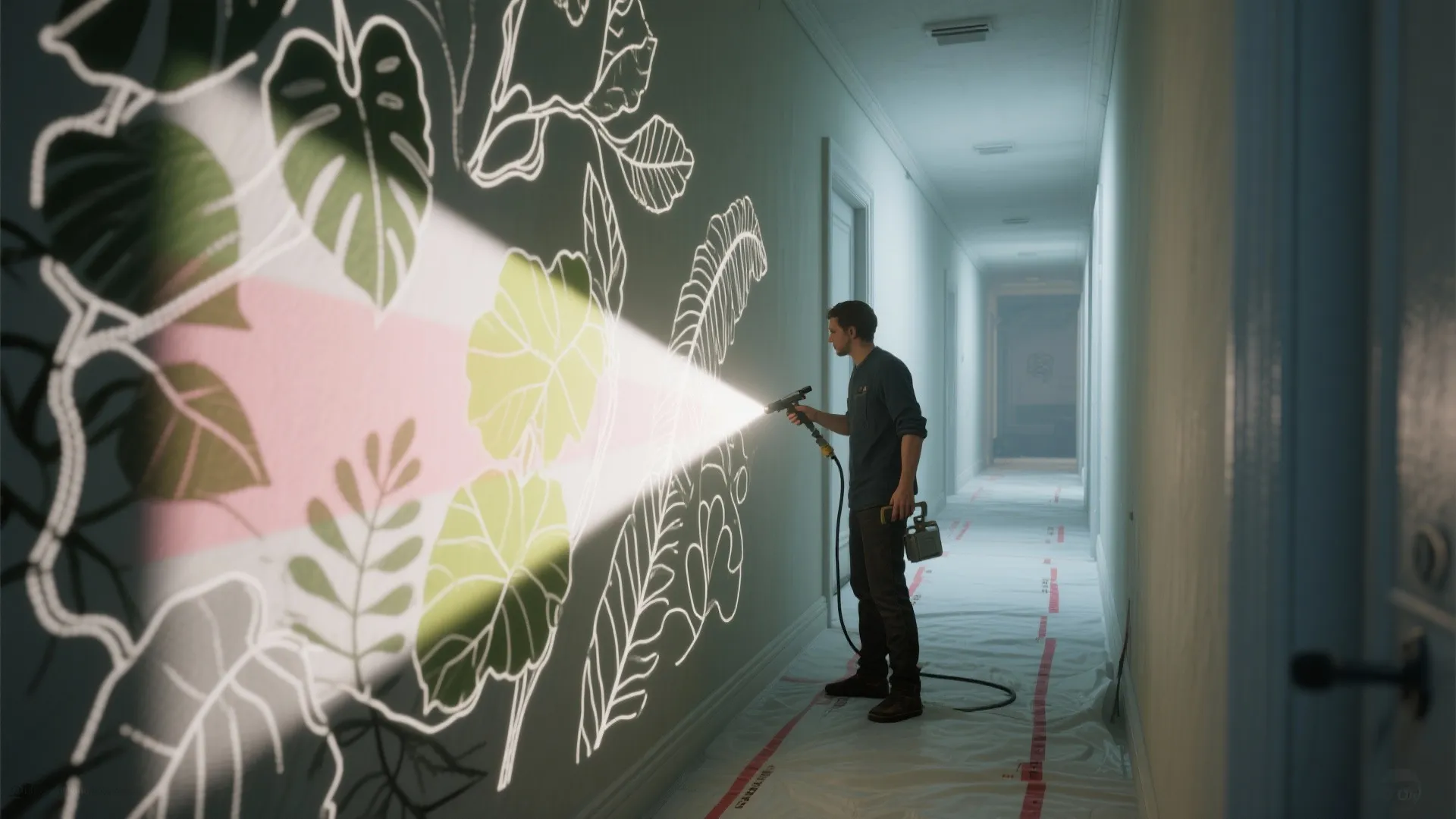 Narrow hallway with a botanical mural projected onto the wall and a sprayer filling color blocks, masking on the floor.