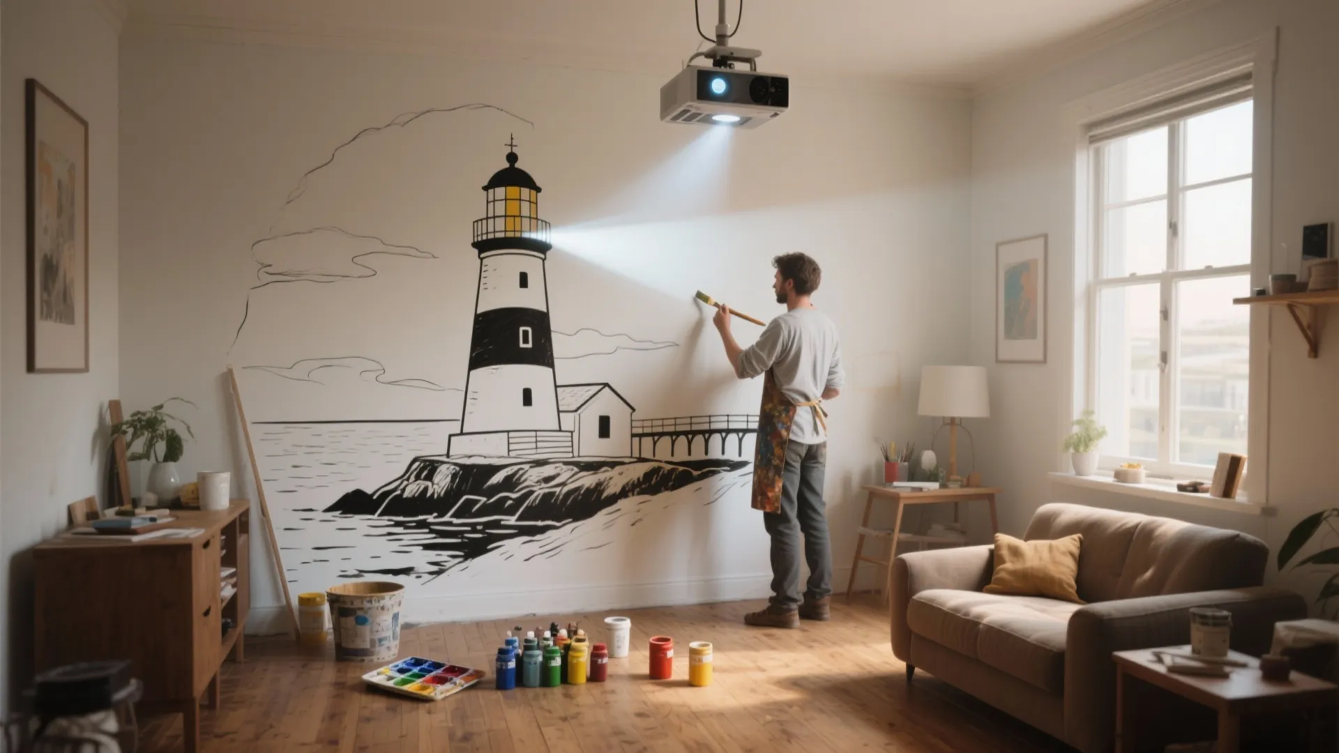 Man painting lighthouse wall mural using ceiling projector light for guidance in a living room