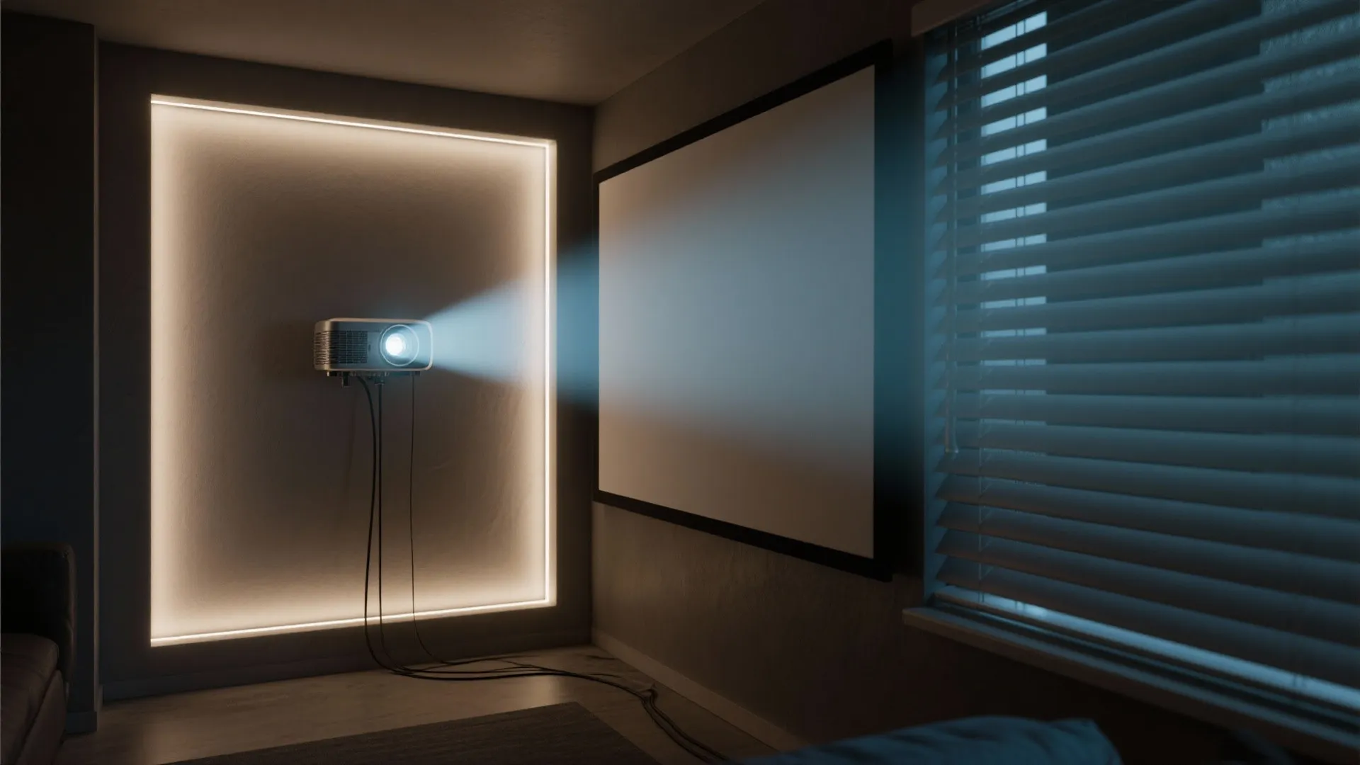 Projector mounted on wall with square light border projecting onto screen near window with blinds