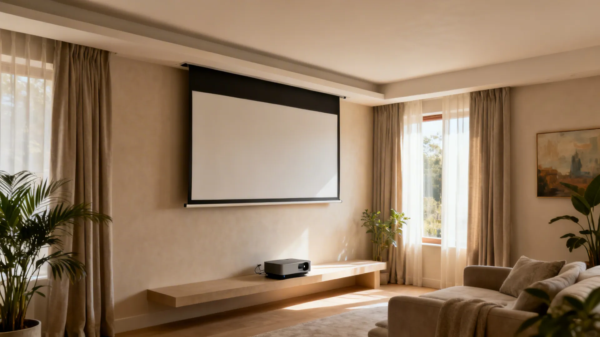 Living room with a concealed roll-down screen in the ceiling and a short-throw projector.