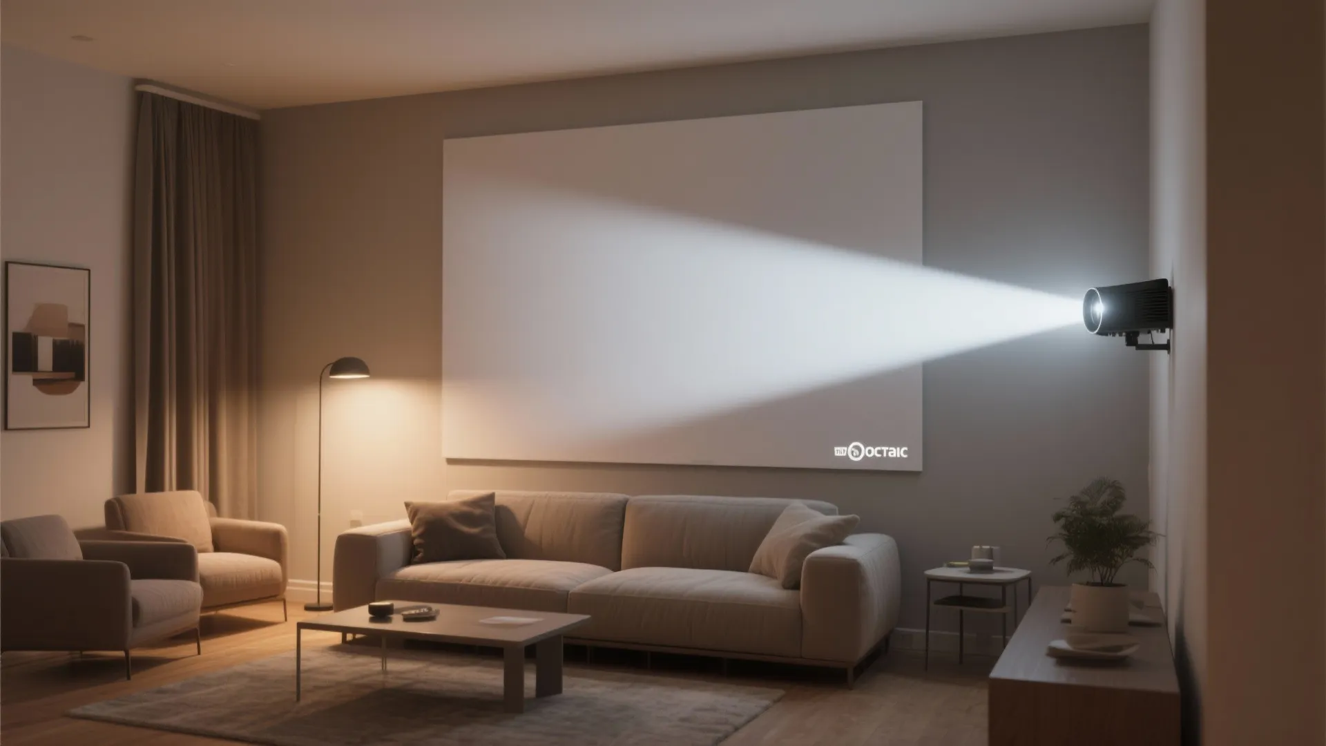 Wall light projecting a bright beam of light onto a large white wall panel screen