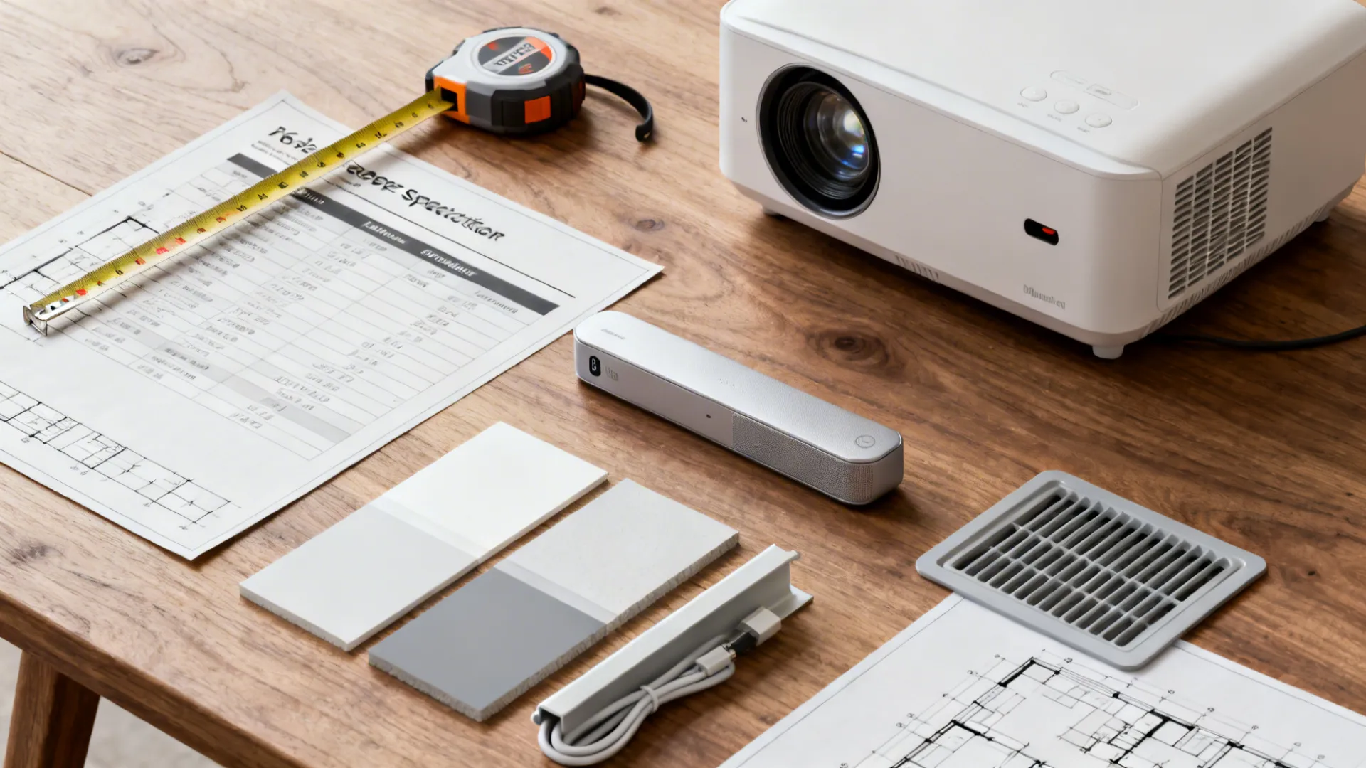 Flatlay of projector planning tools including tape measure, swatches, soundbar and floorplan sketches.