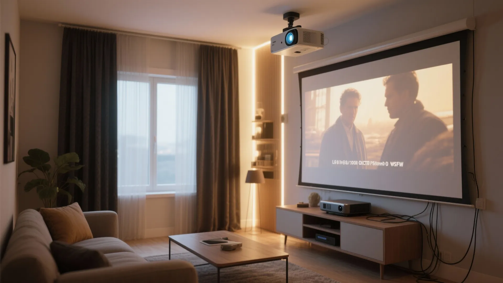 Home theater setup with ceiling mounted light fixture projecting movie onto large screen in cozy room