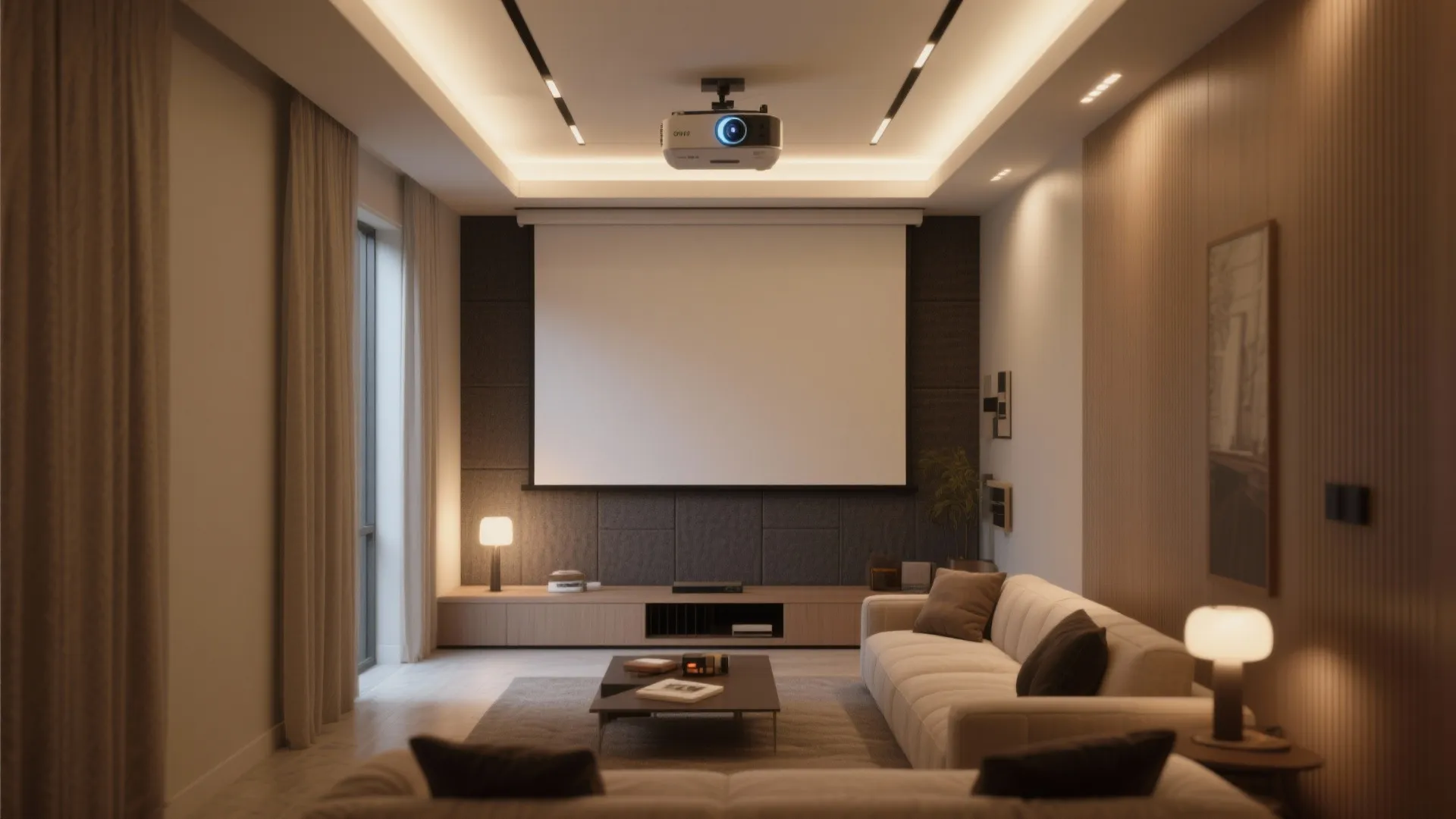 Modern living room with ceiling mounted projector large white screen cream sofa and warm lighting
