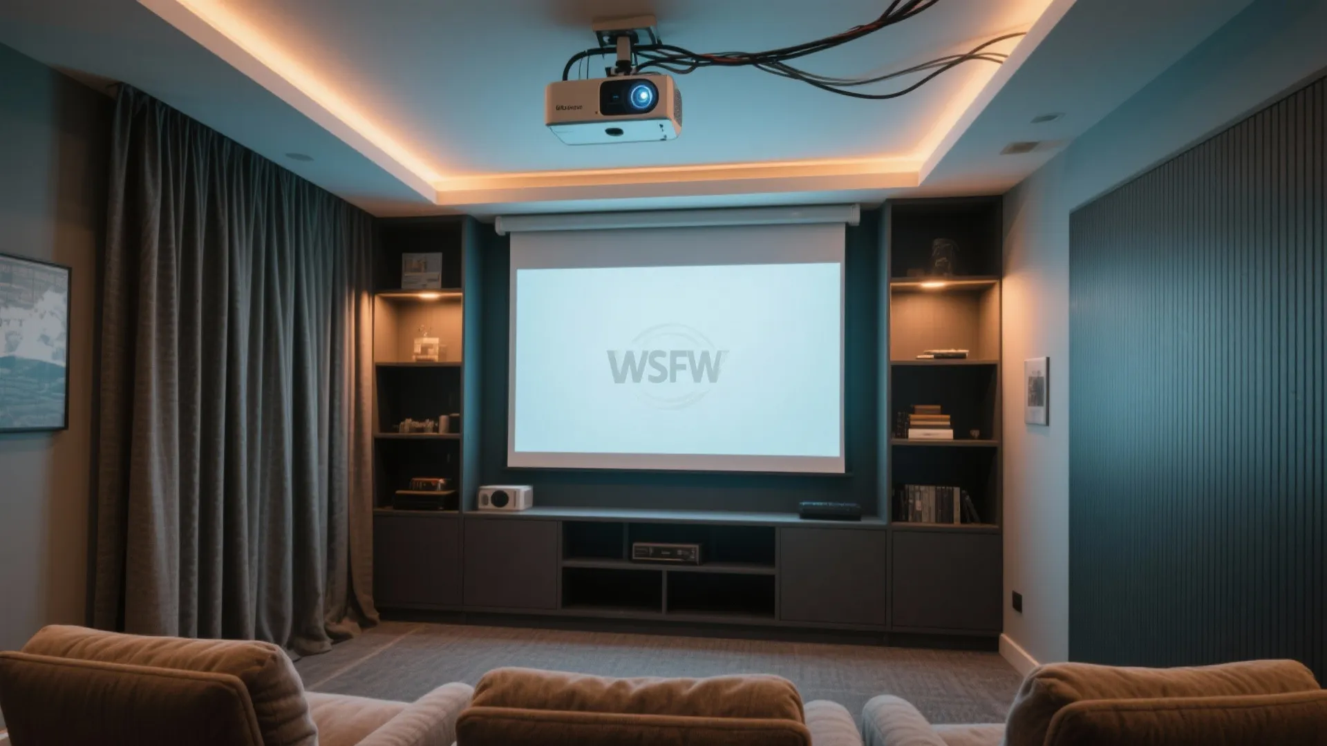 Home theater with projector screen and dark cabinet and grey curtain and comfortable seating area design