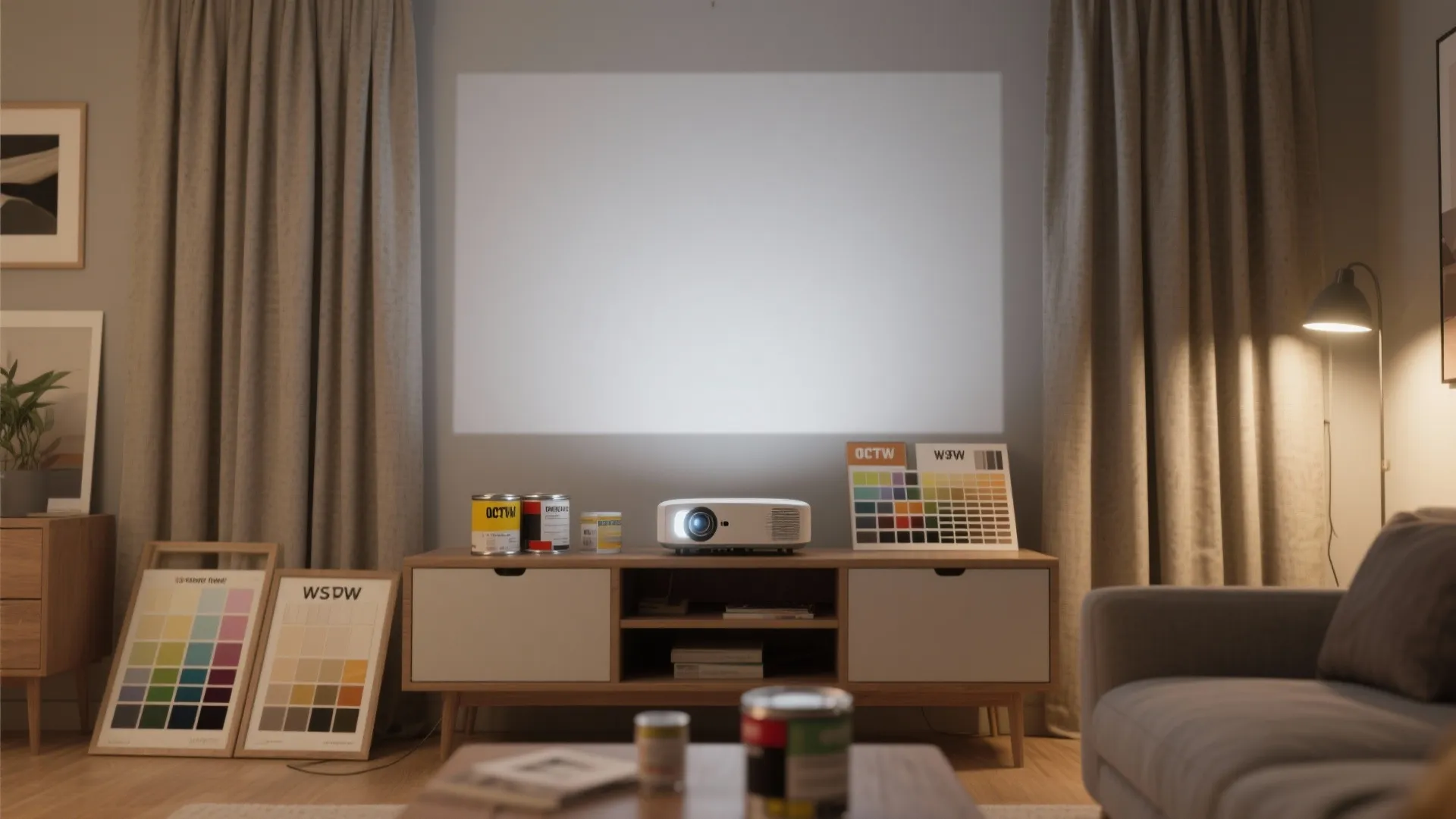 Small white projector sitting on a wooden cabinet with color cards and paint cans nearby