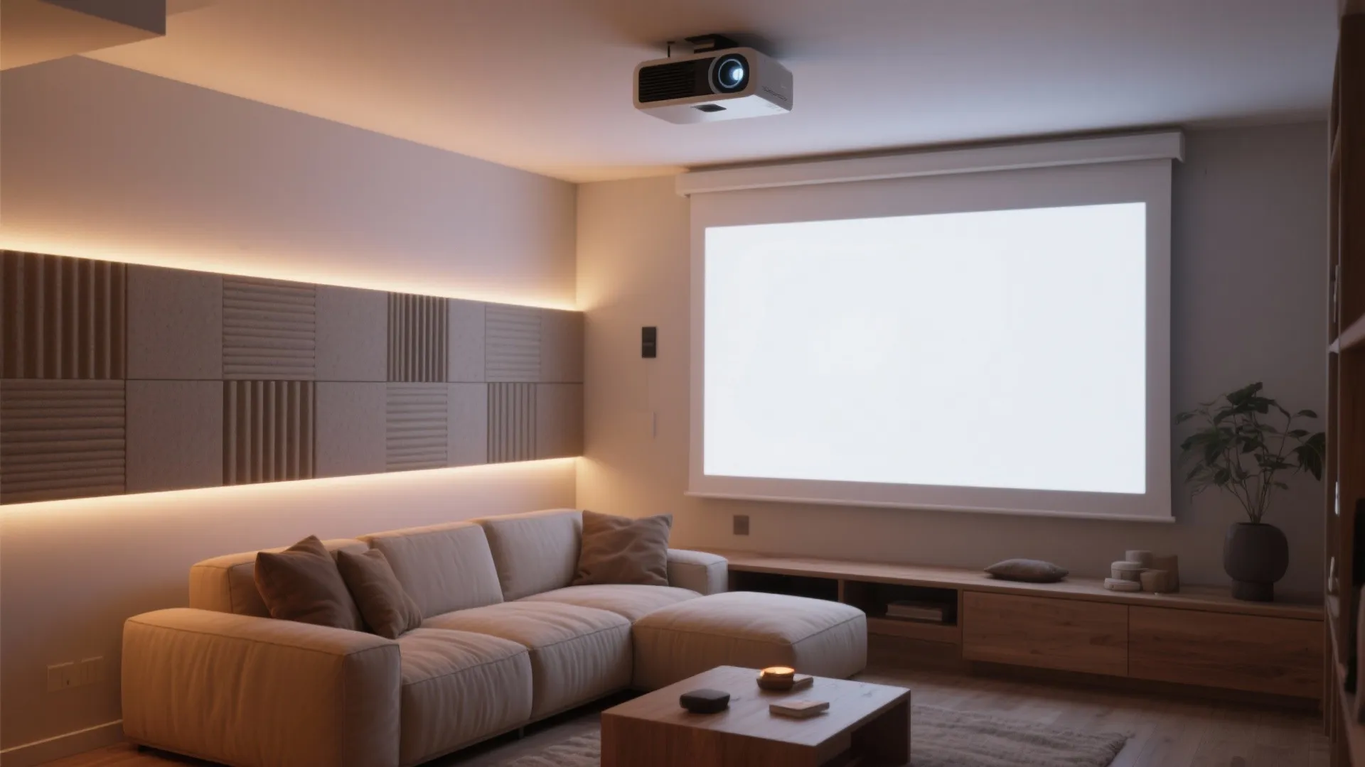 5 Living Room Ideas with Projector: Creative small-space living room ideas featuring a projector for cozy movie nights and multifunctional design