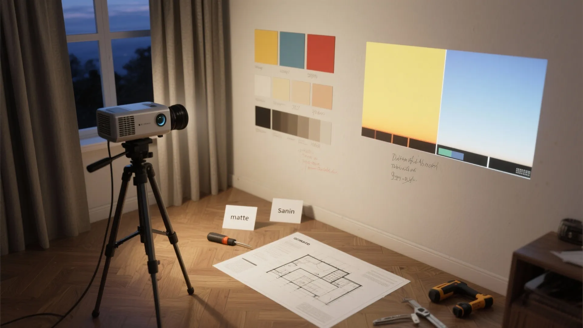 Small projector on a tripod testing colorful swatches on a white wall over floor plan