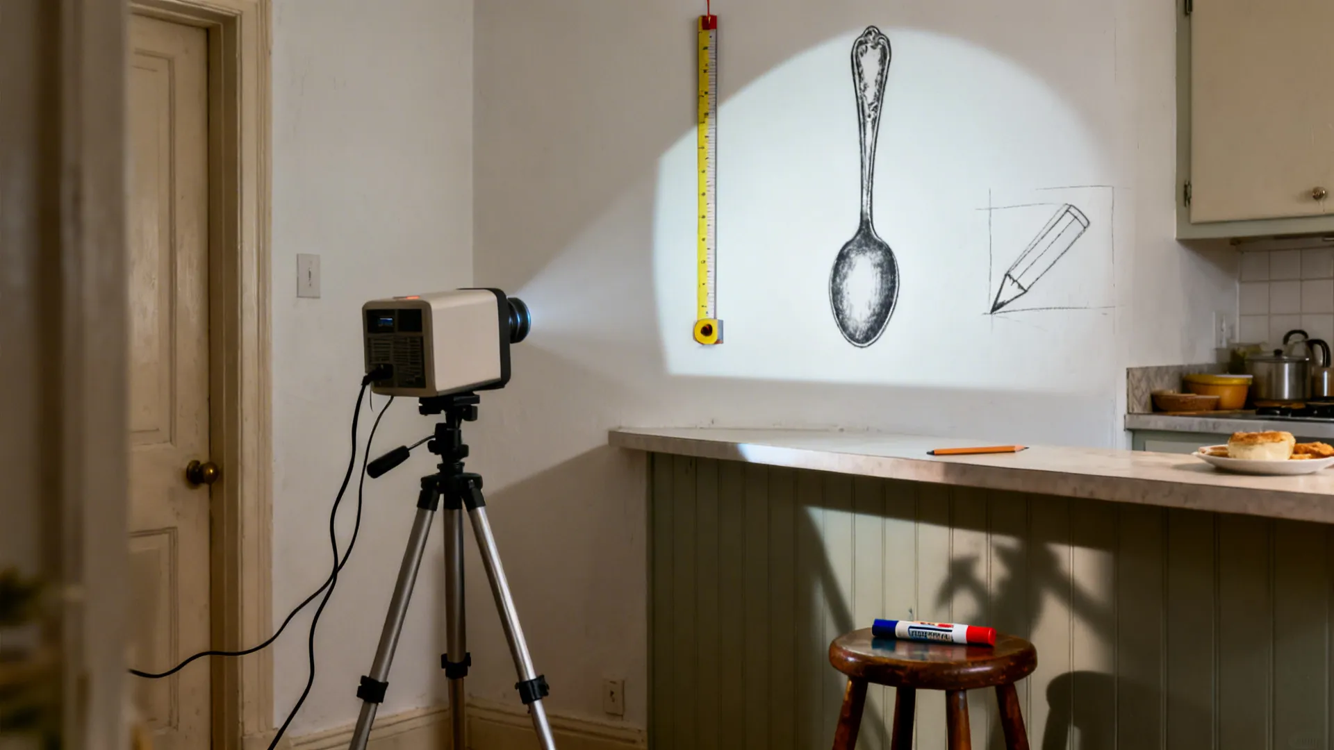 Projected vintage spoon silhouette on a white kitchen wall with tools ready for tracing.