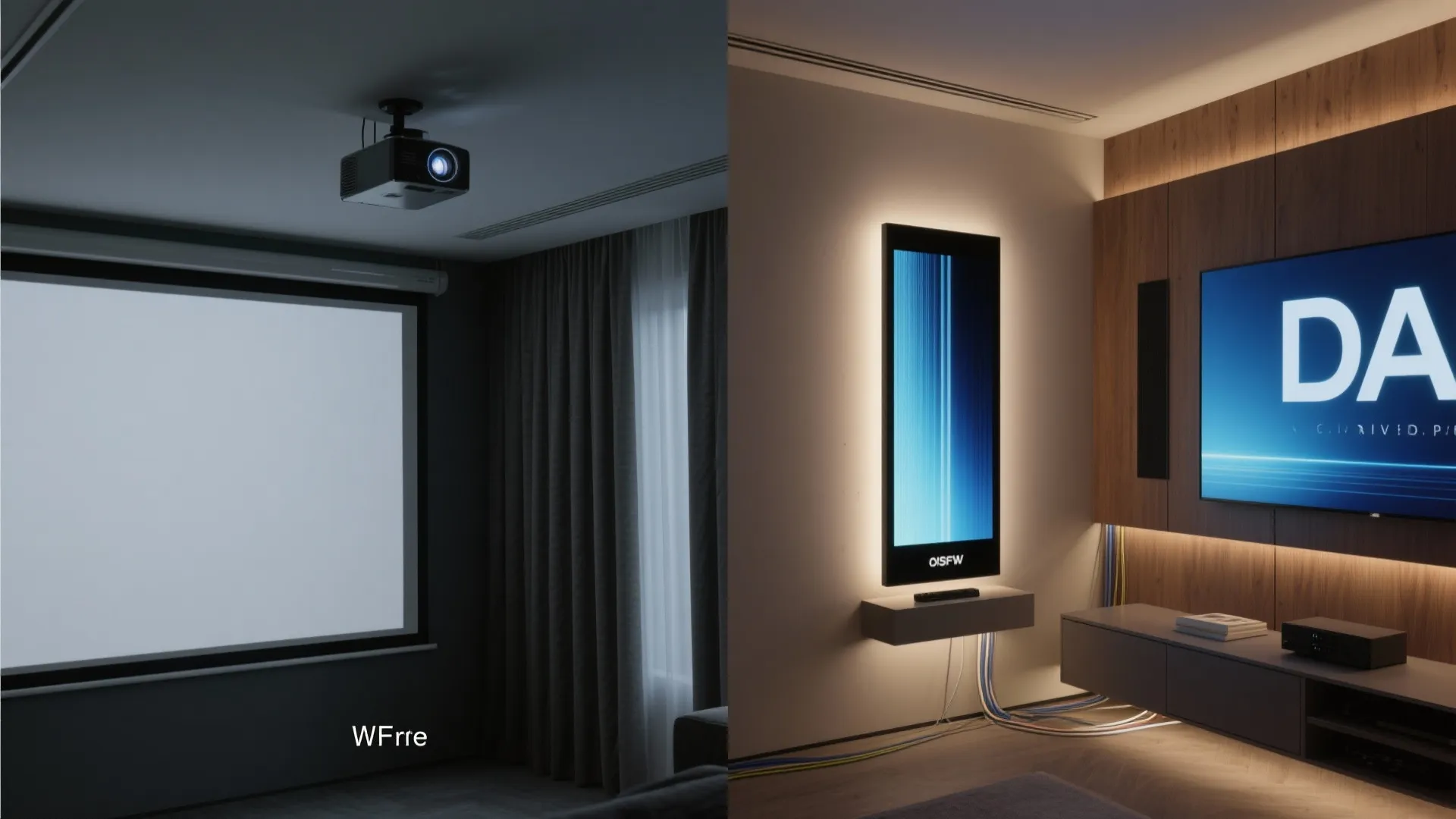 Side by side comparison of a dark home theater projector versus a bright modern television