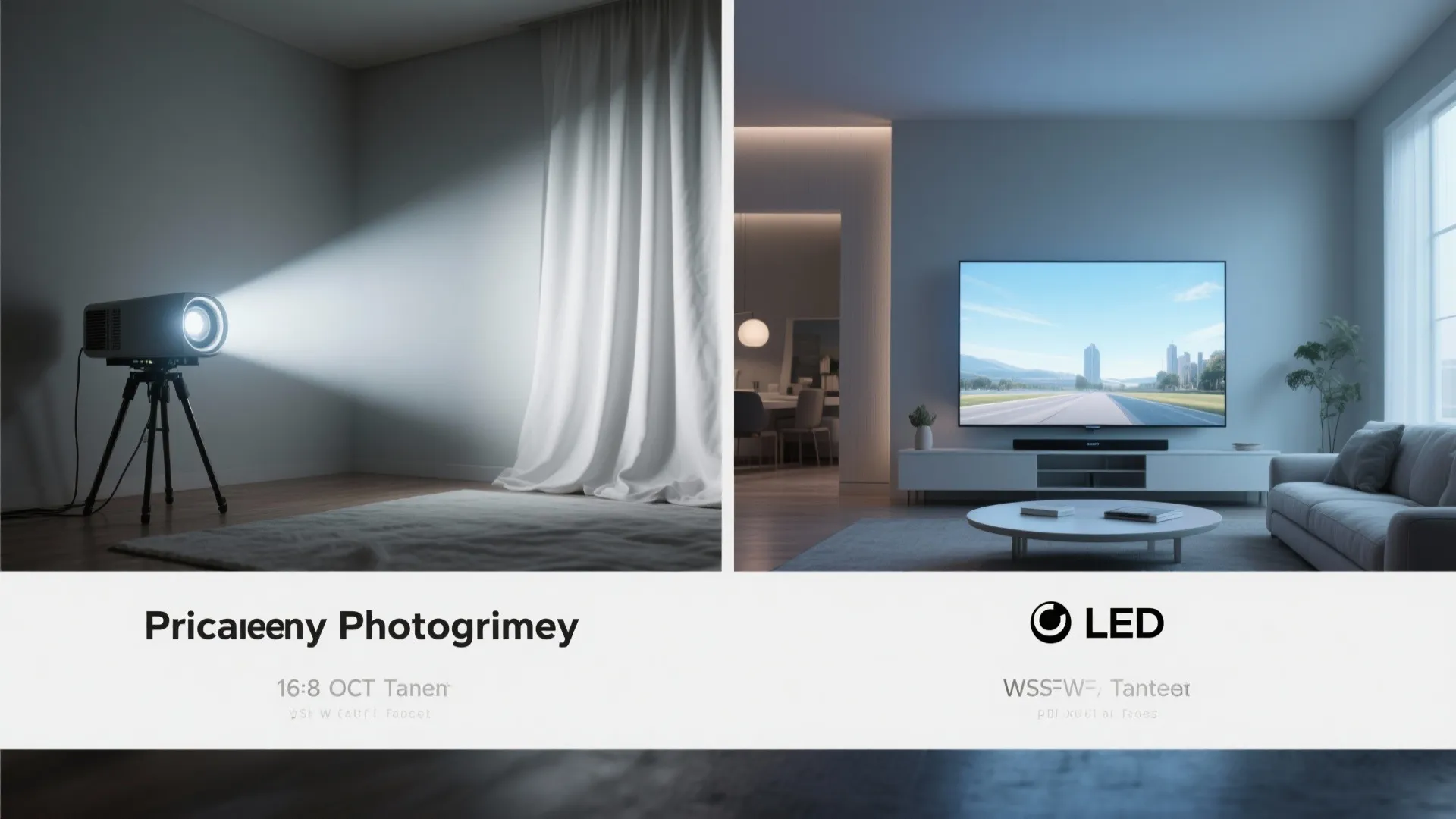 Side by side comparison showing a movie projector on tripod versus a large flat screen television