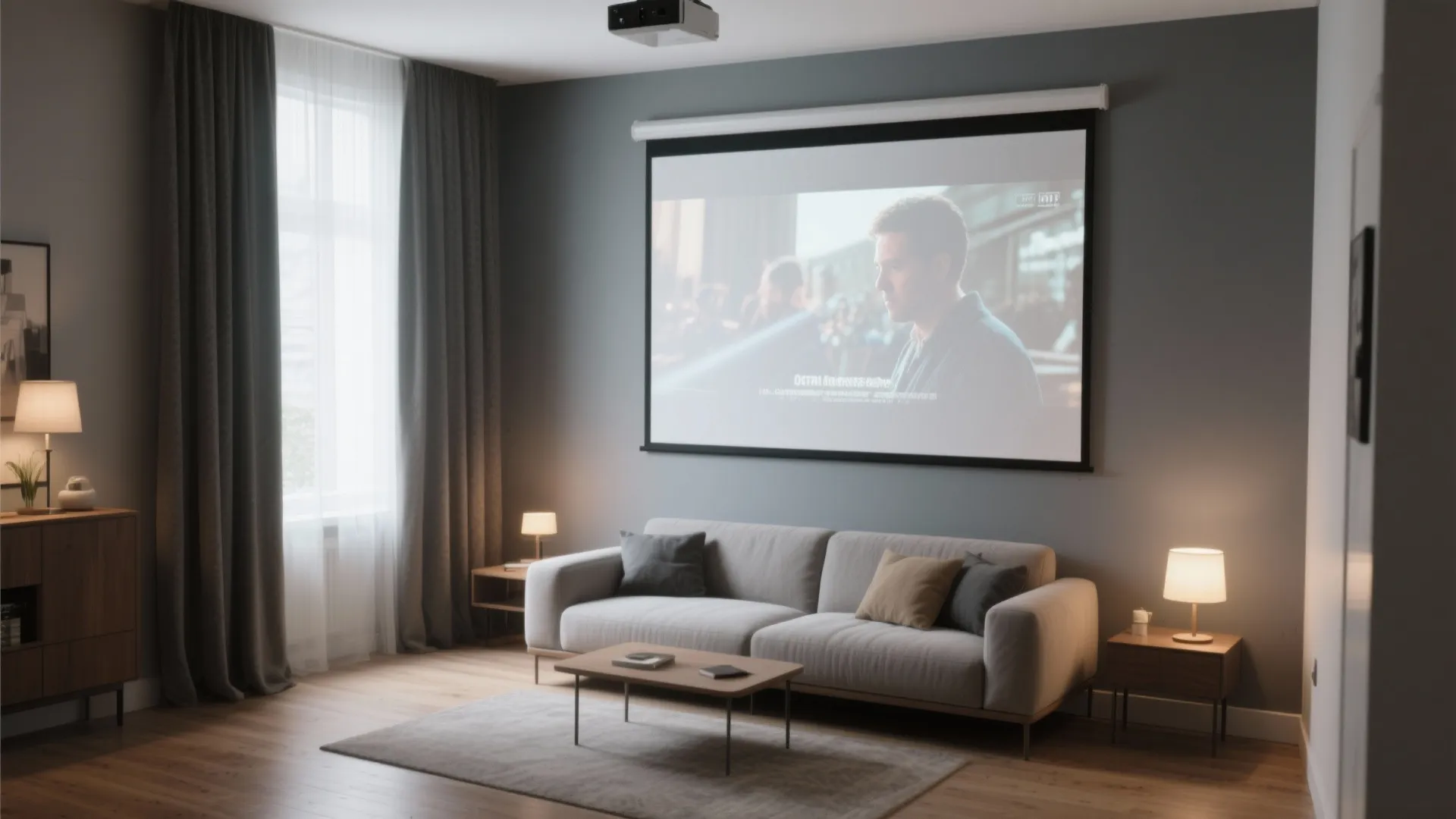 Modern living room with grey sofa wooden floor projector screen showing movie and warm lamps