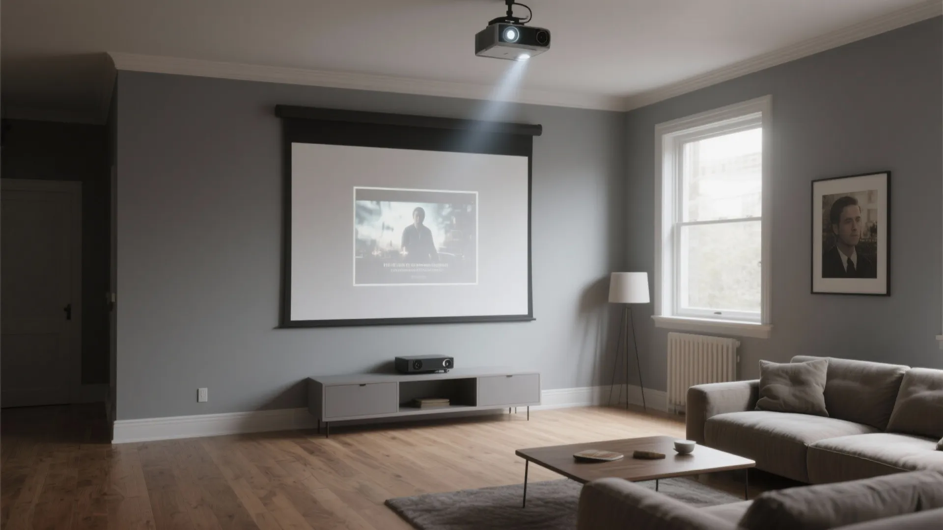 Modern living room with a ceiling light projector displaying a movie on a large white screen