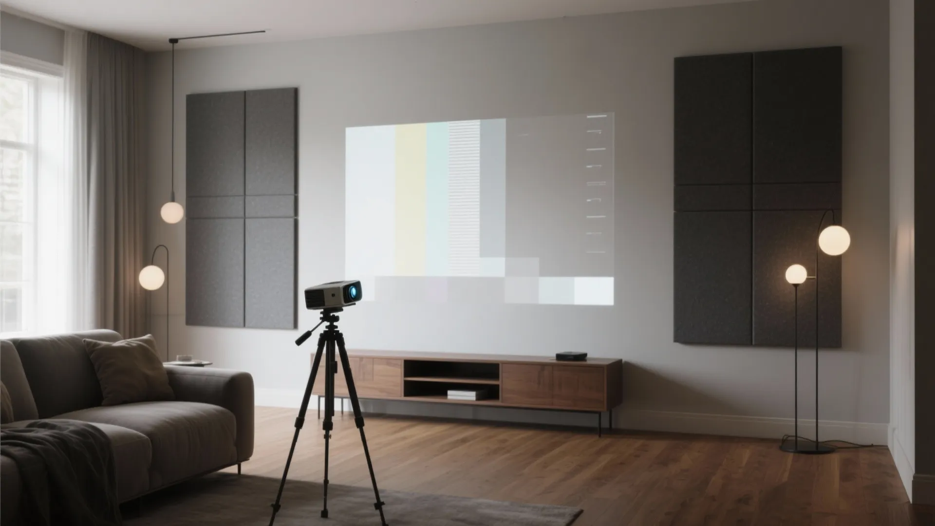Modern living room with projector on tripod floor light sofa cabinet and grey wall panels
