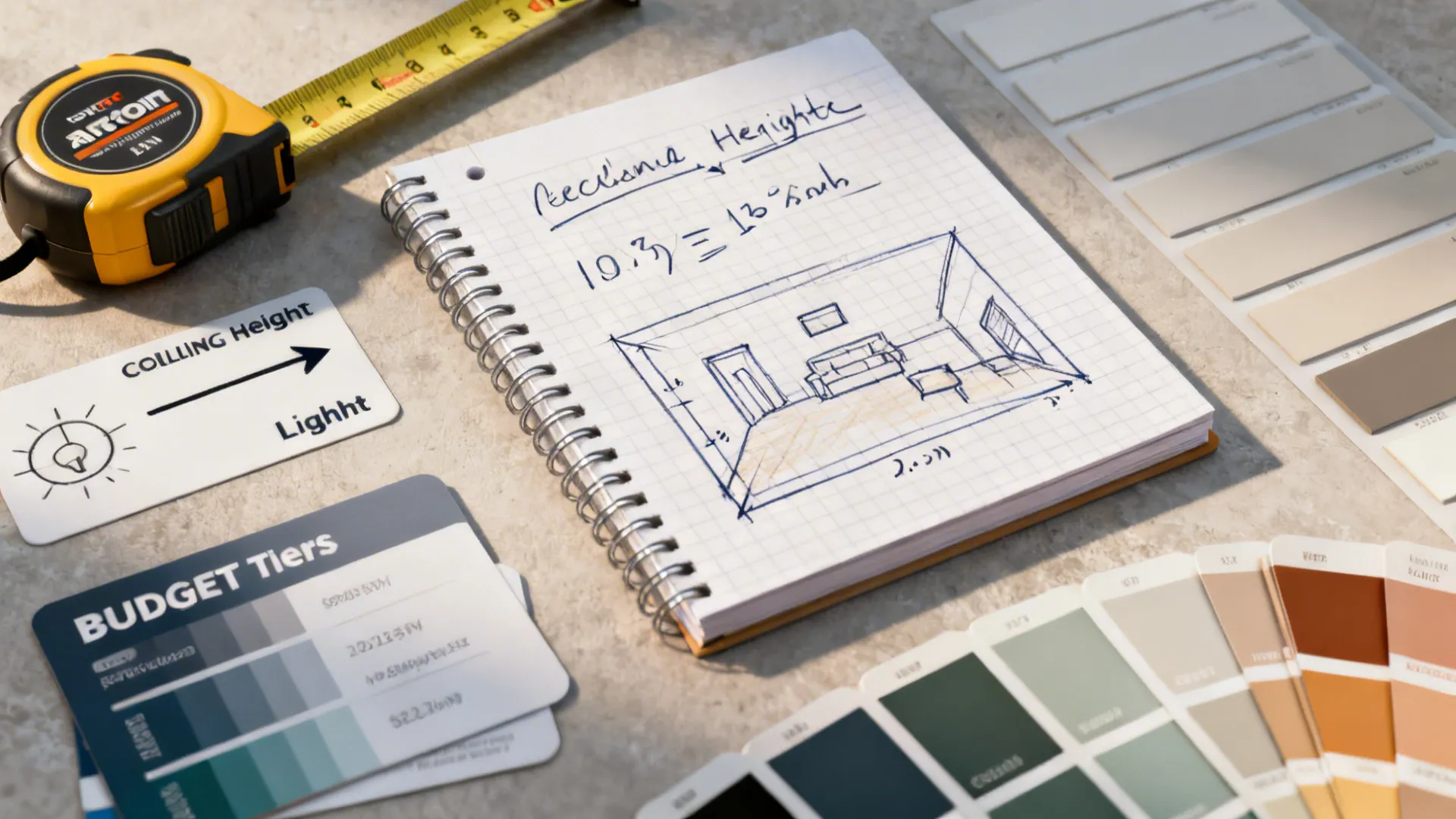 Flatlay showing a practical prompt checklist with measuring tape, swatches, and notes