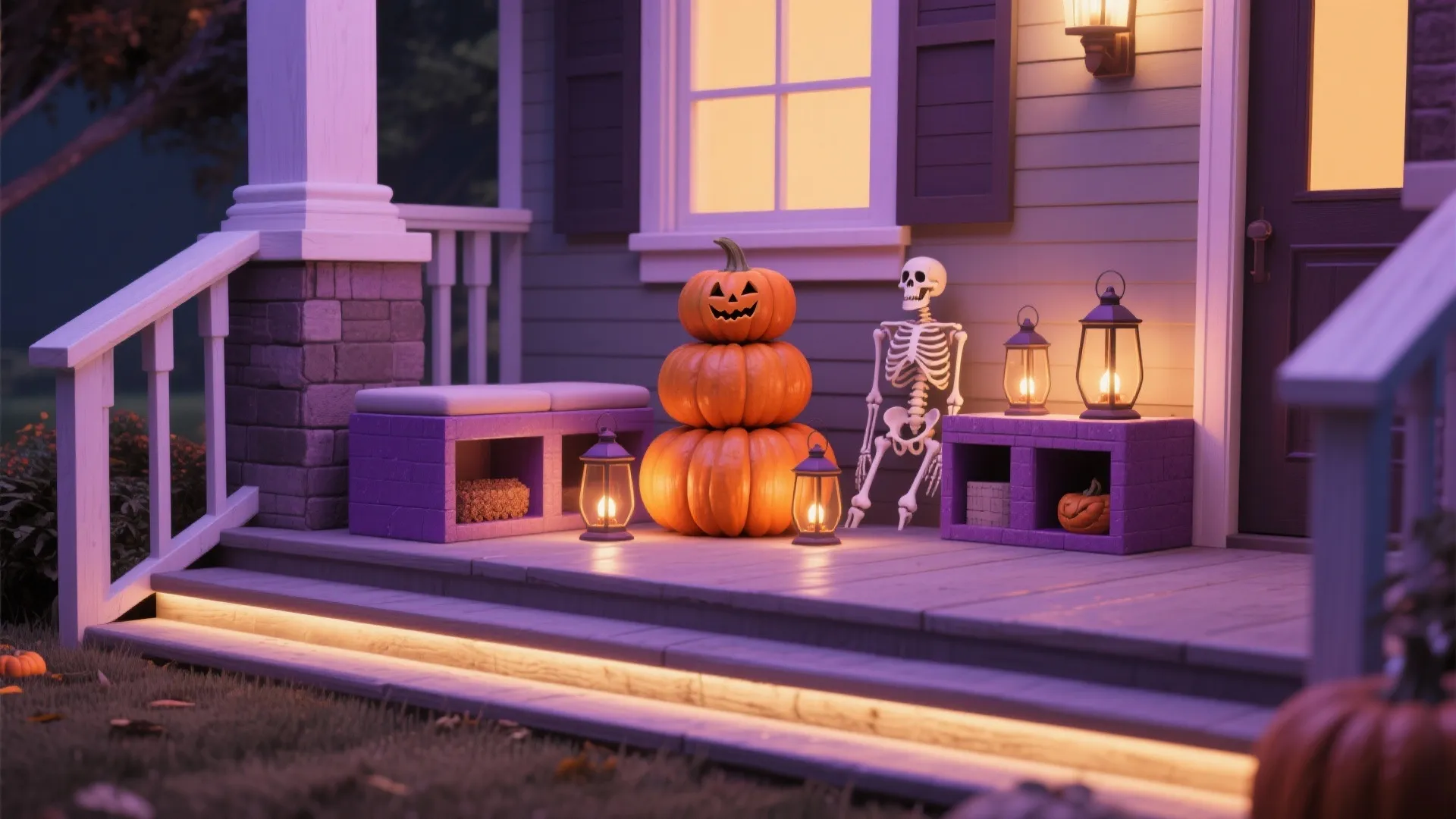 Front porch Halloween decoration with stacked pumpkins skeleton lanterns and purple lights on wooden floor