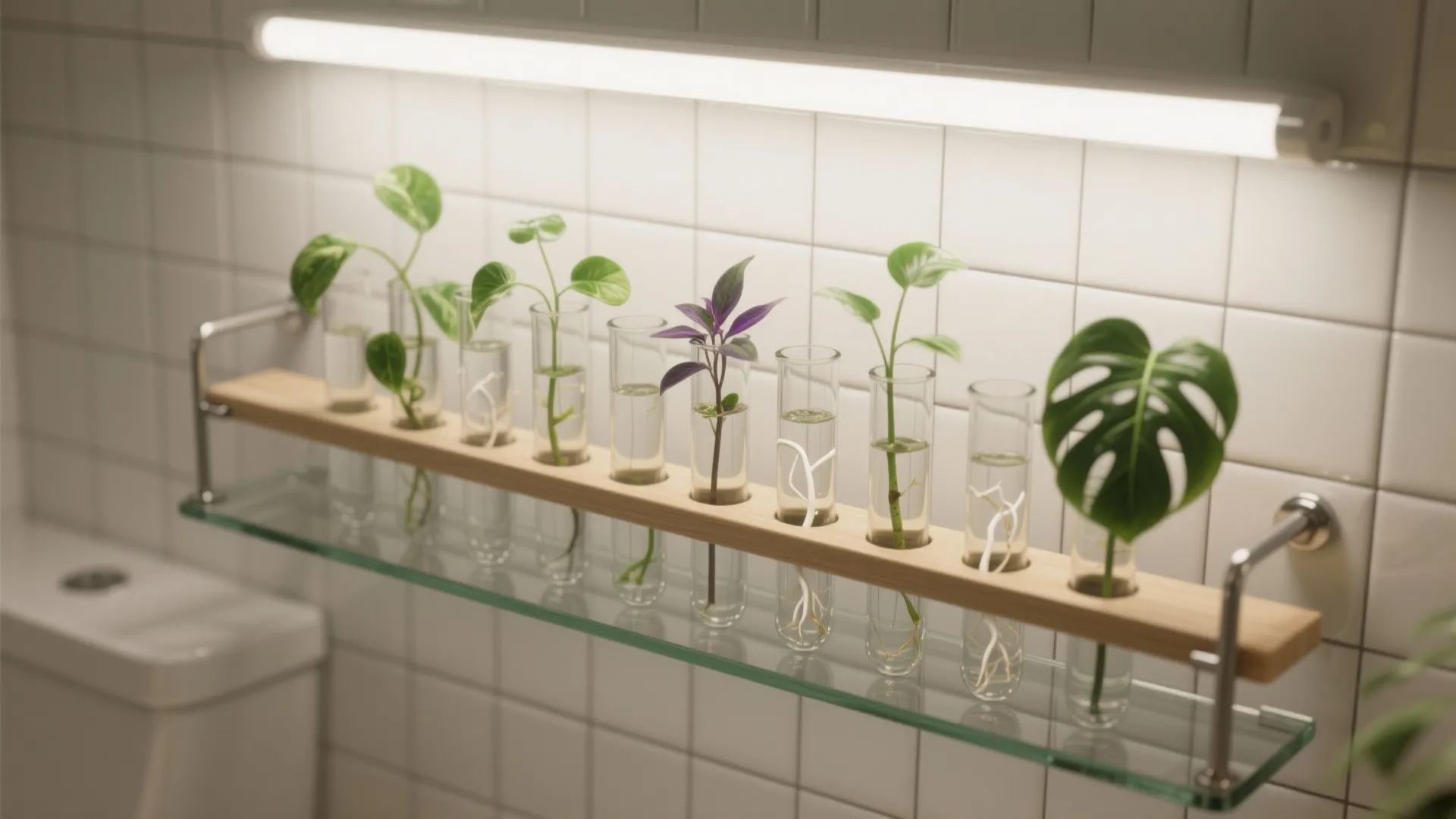 2) A mini propagation station on a glass shelf