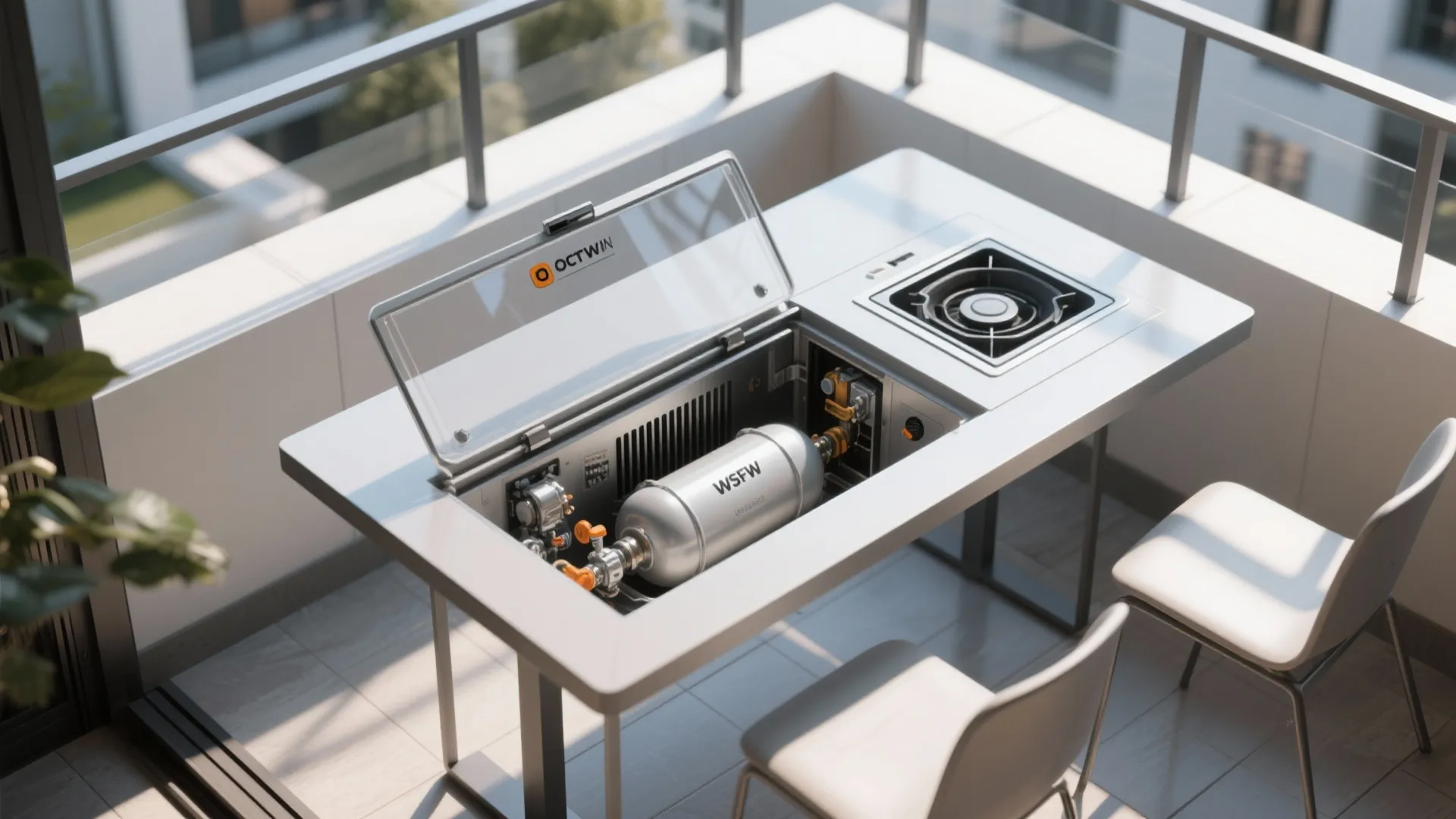 Outdoor balcony table featuring built-in gas stove burner and silver tank with two white chairs