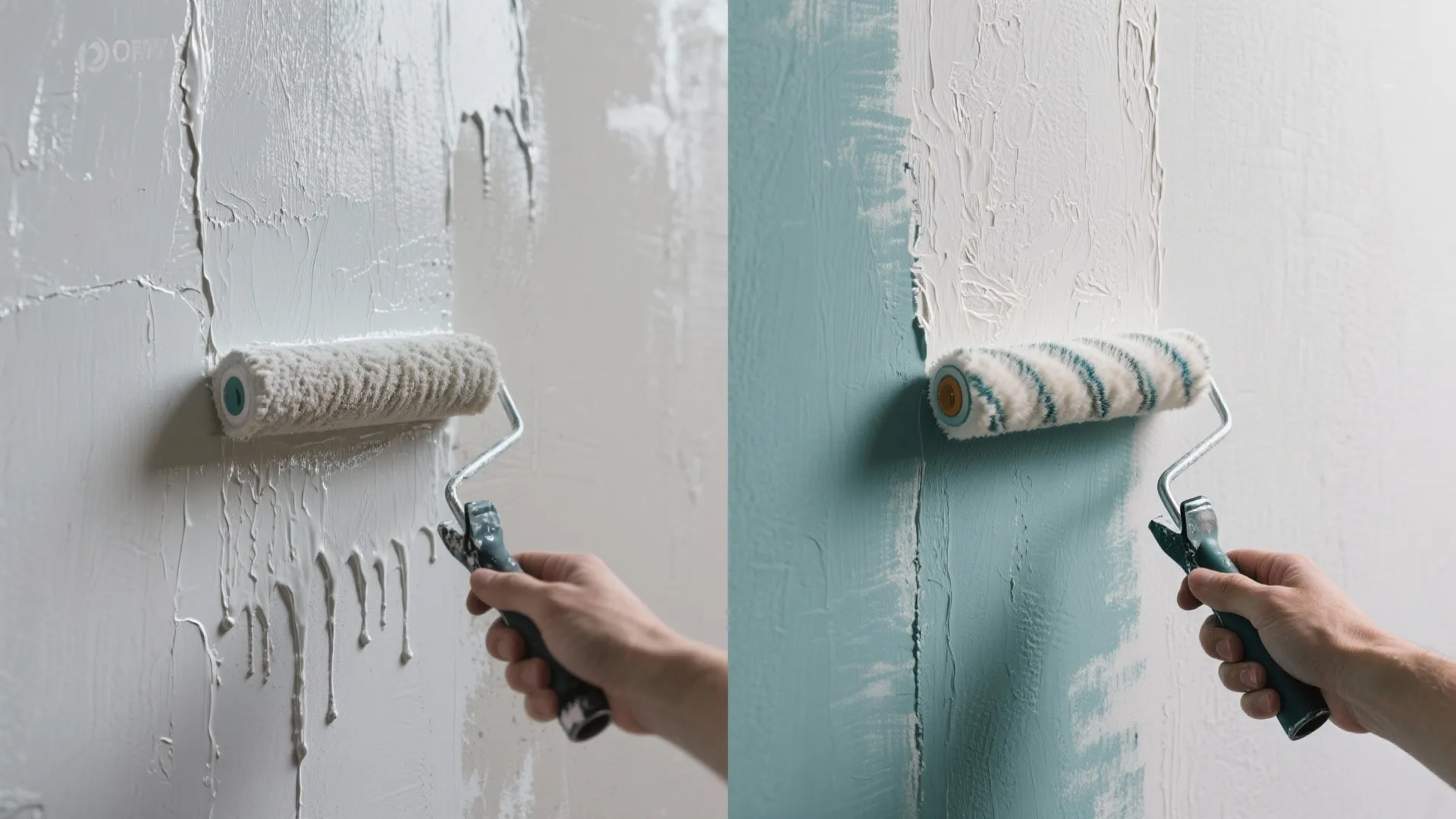 Hand using a paint roller to apply fresh white paint over a teal colored wall