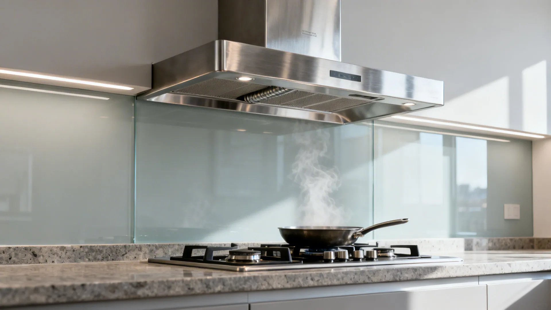 Compact kitchen gas stove with a deep stainless hood effectively capturing steam and grease.