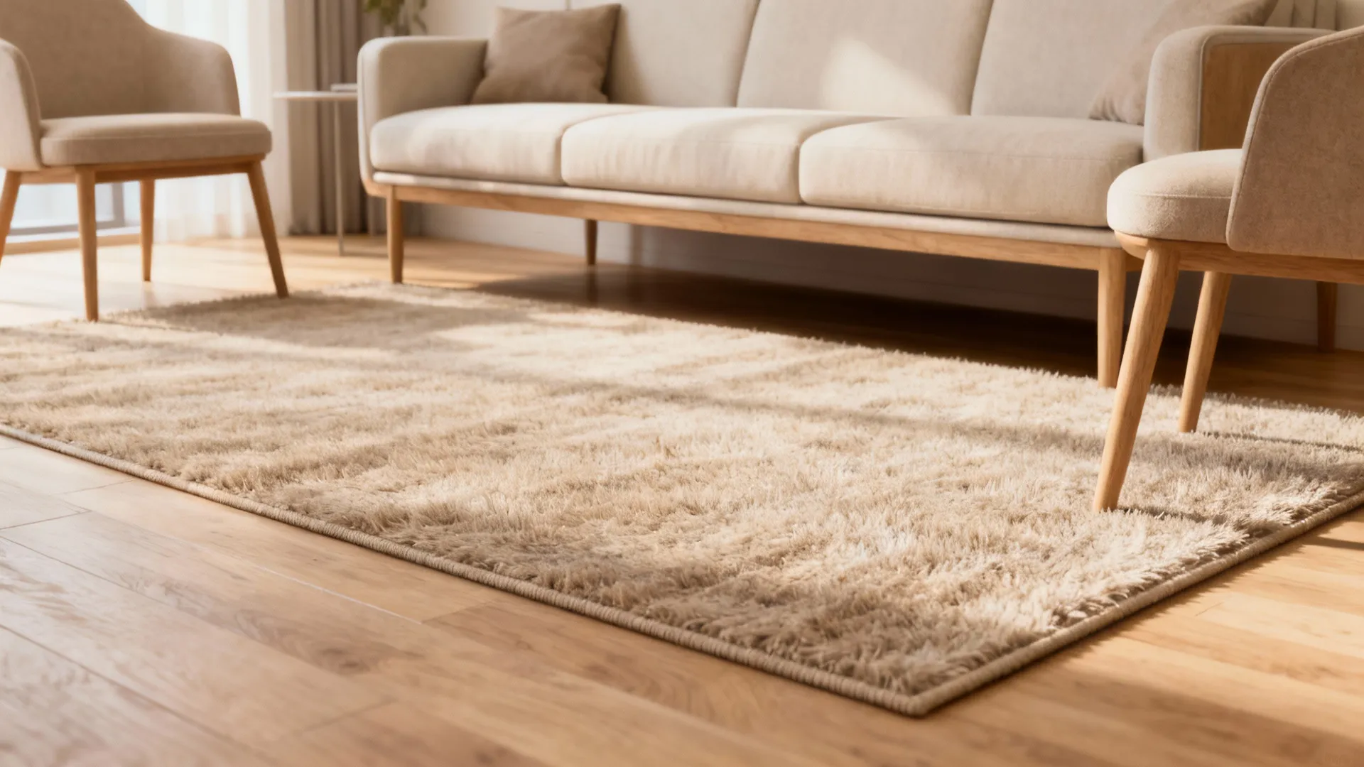 Soft beige area rug placed on wood floor with cream sofa and two side chairs
