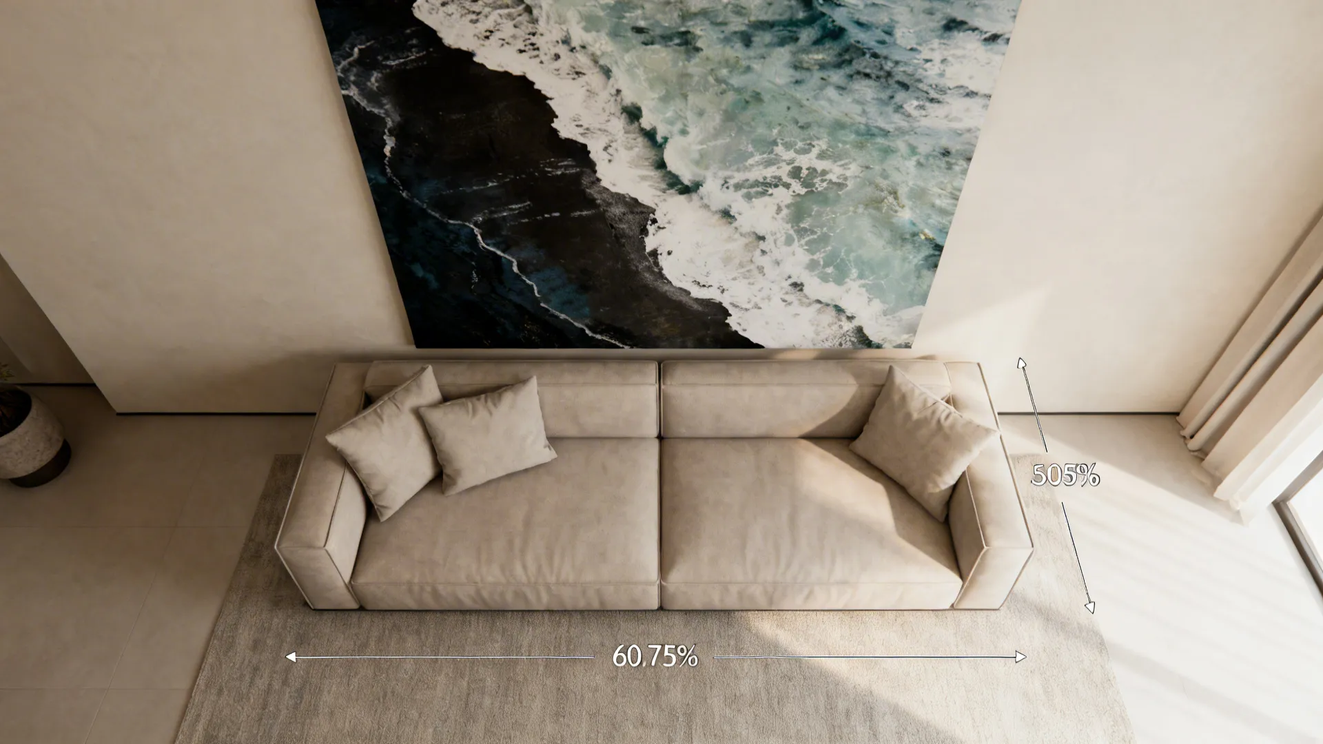 Composite layout showing top-down and front views demonstrating the 60-75% artwork width guideline above a sofa.