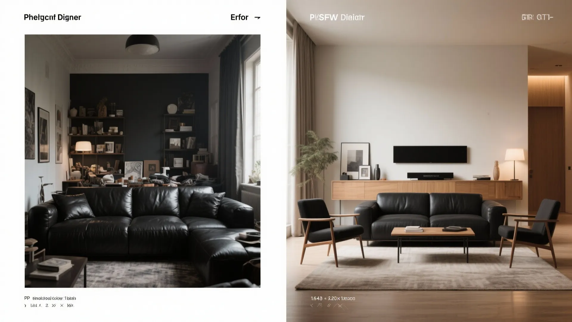 Split image showing before and after: bulky black leather set vs balanced slim-profile layout in a small room.